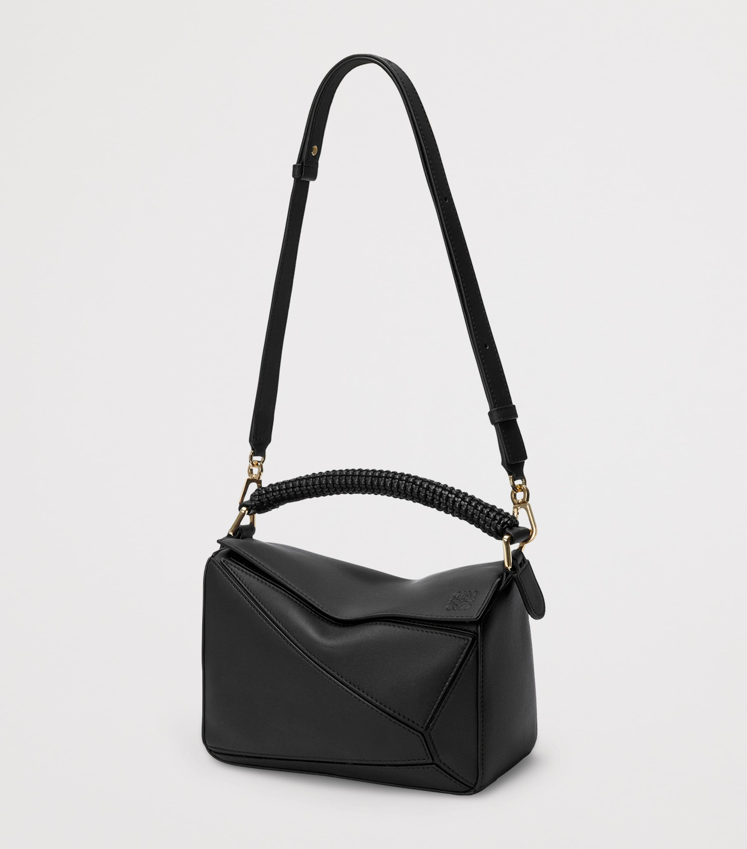 LOEWE Small Leather Woven Top-Handle Bag Black Image 5
