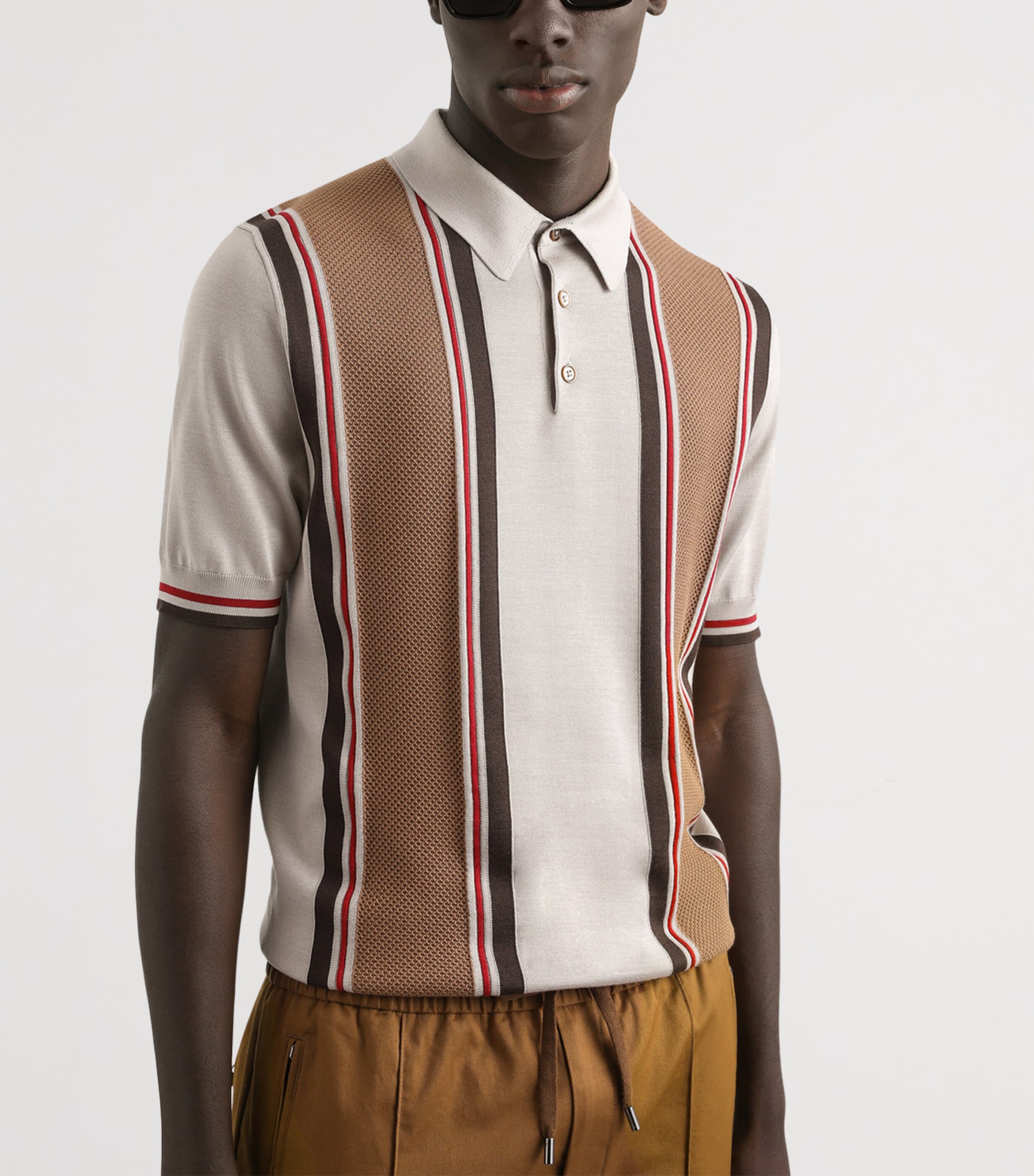Silk-Blend Stripe Polo Shirt M4149-BEIGE/CAMMELLO Image 5