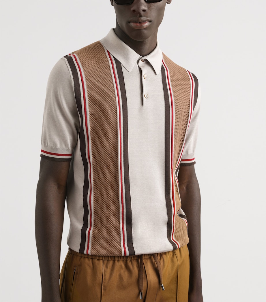 Silk-Blend Stripe Polo Shirt M4149-BEIGE/CAMMELLO Image 5
