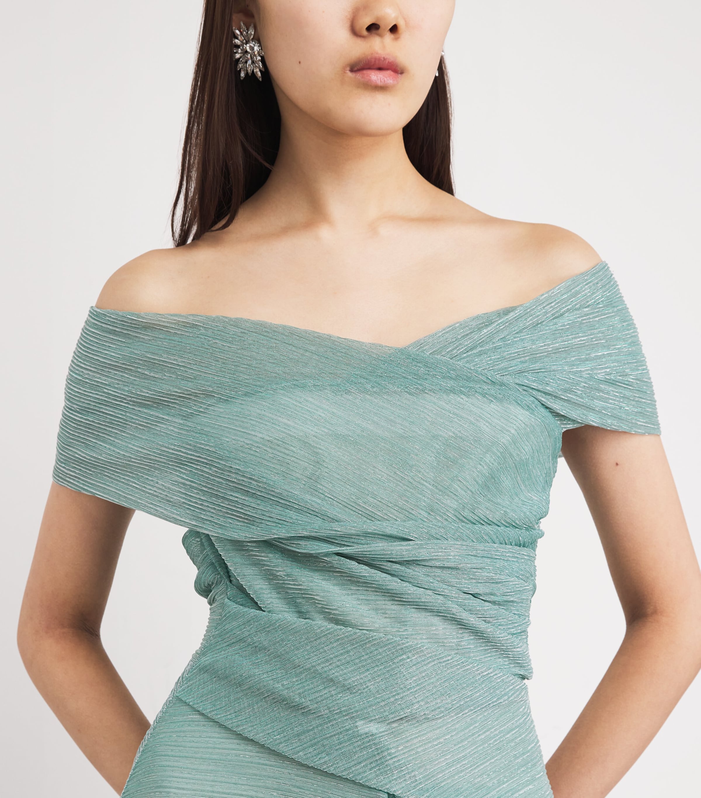 Metallic Tulle Off-The-Shoulder Gown 419 SEAFOAM Image 4