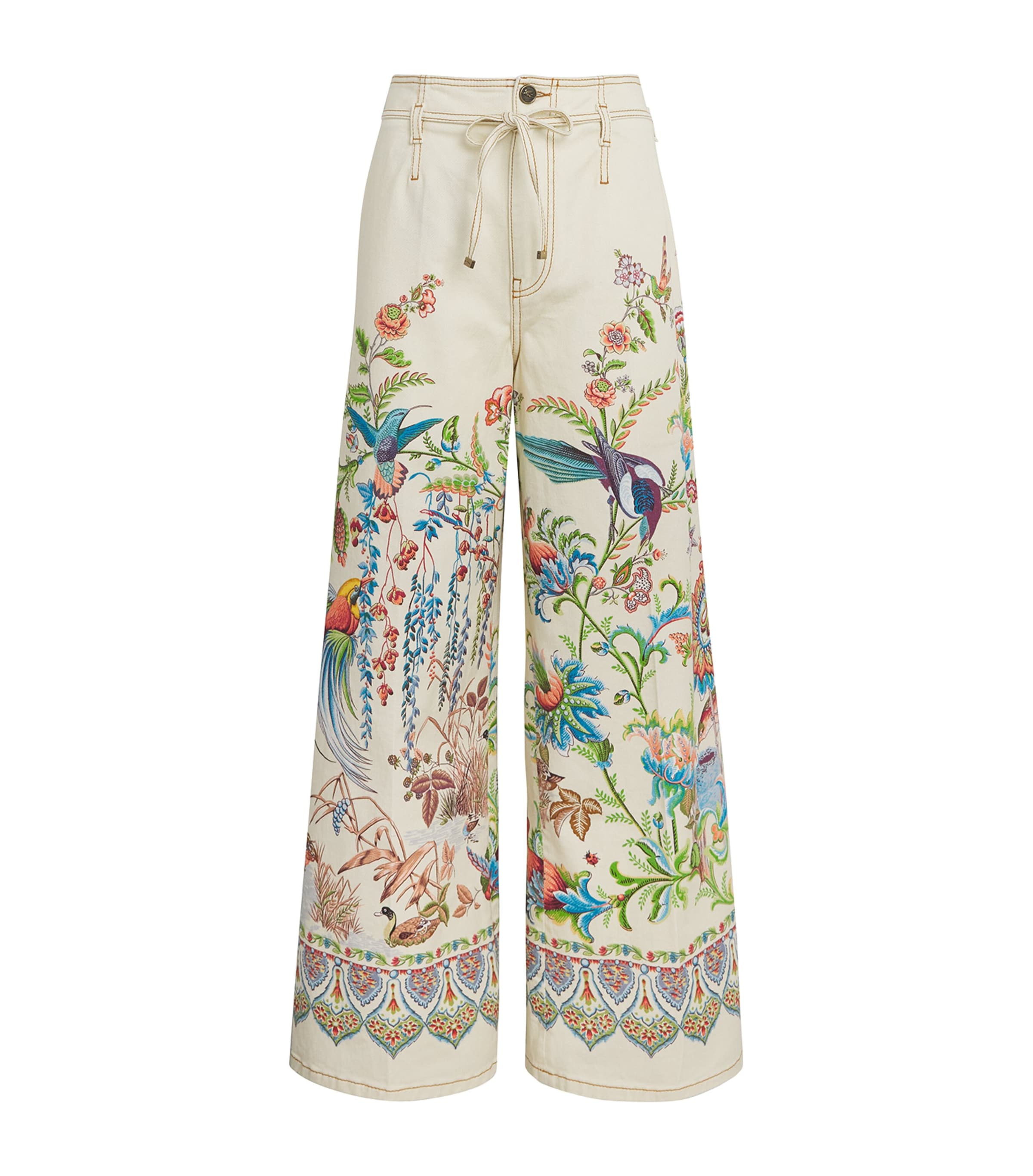 Etro Womens Bow-Tie Botanical Wide-Leg Jeans Print Wht Base Image 1