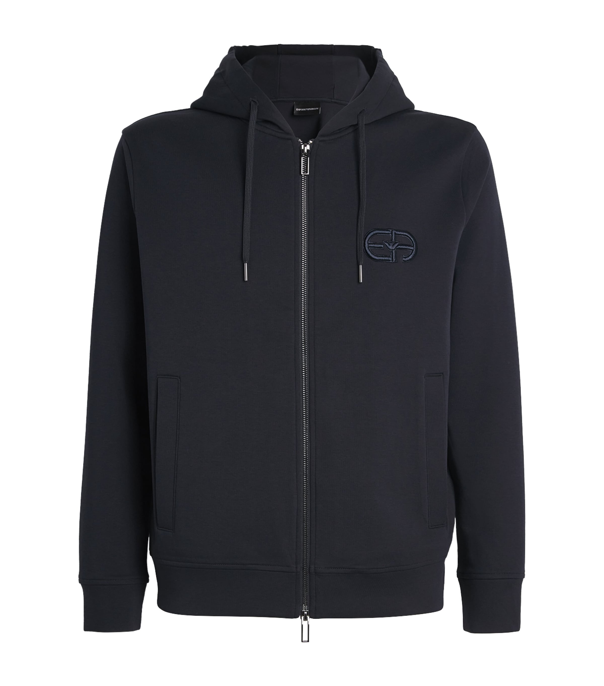 Emporio Armani Logo-embroidered Zipped Drawstring Hoodie In Blue