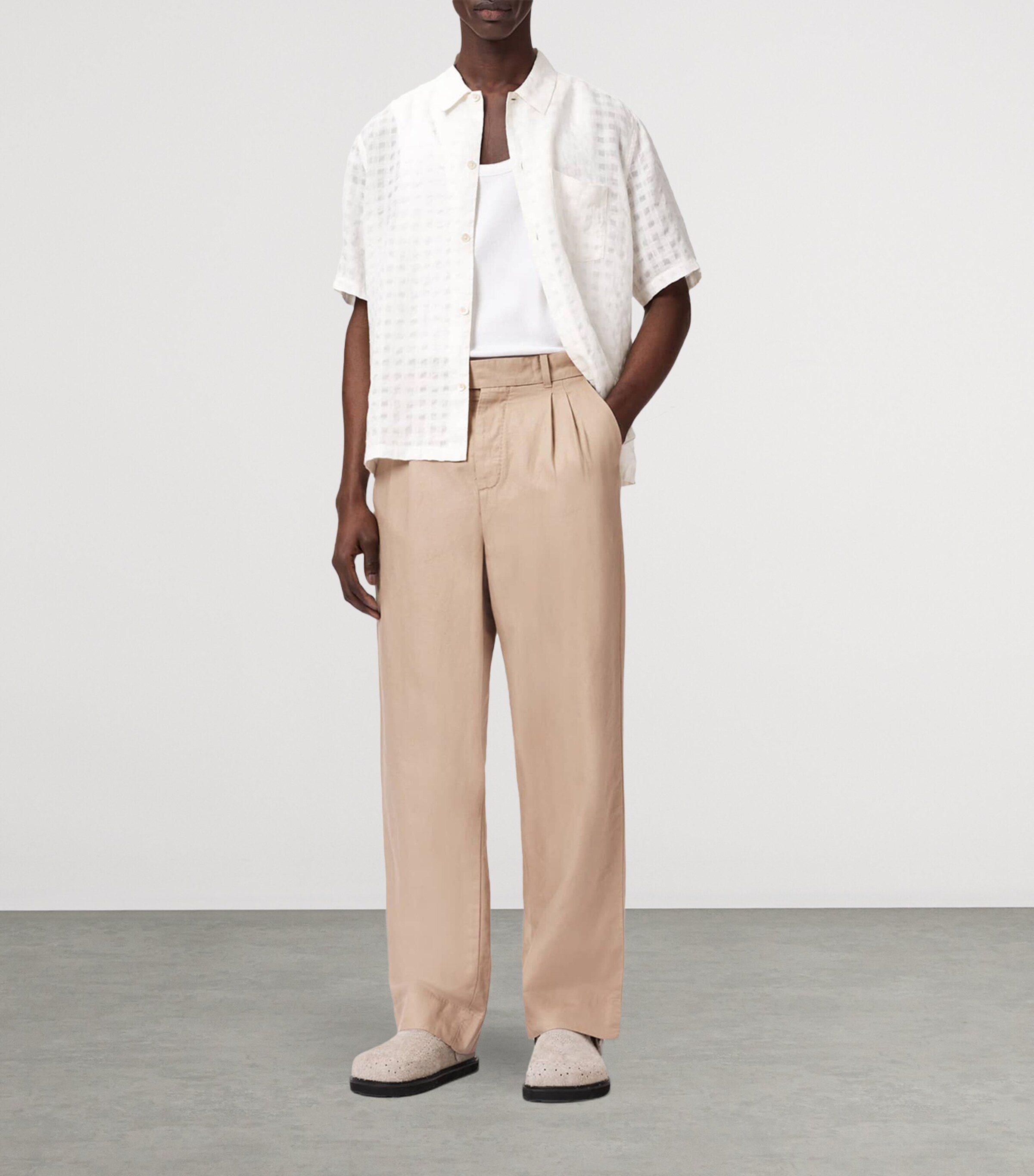 AllSaints Mens Cotton Pleated Roland Trousers Nutmeg Brown Image 6