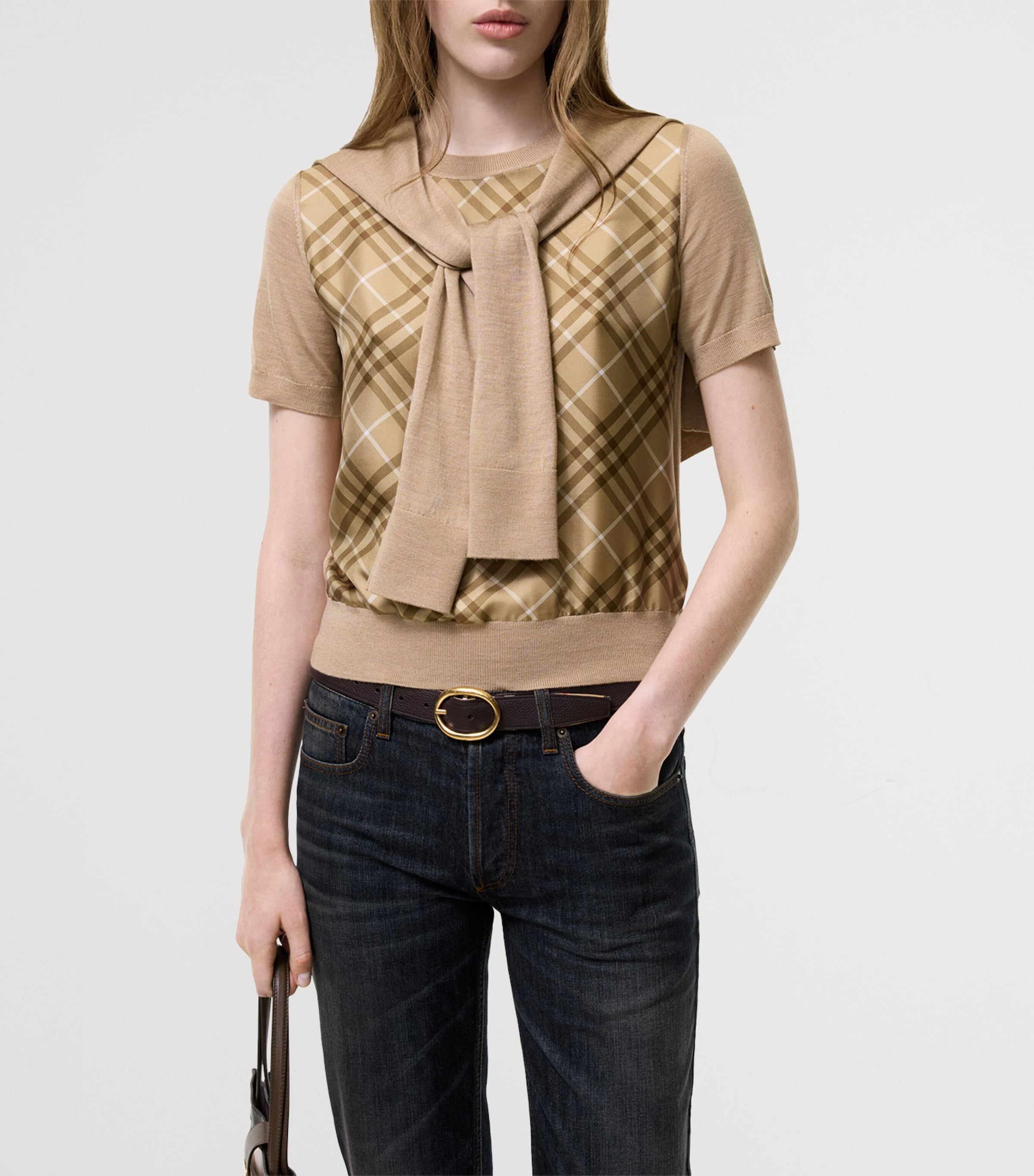 Burberry Womens Wool-Silk Check Panel T-Shirt Camel Image 2