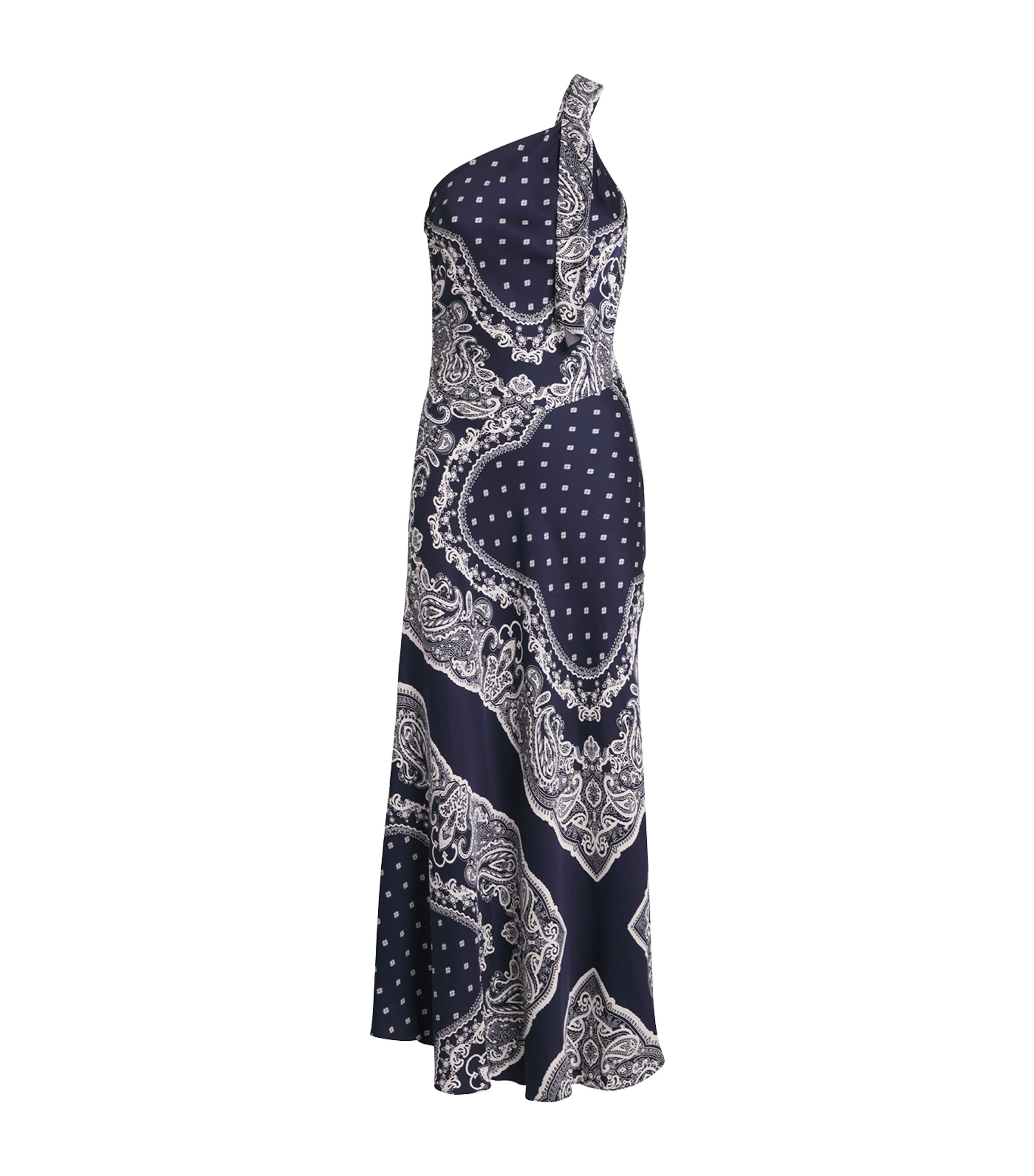 Sandro Womens Bleus Graphic-print One-shoulder Woven Maxi Dress In Blue