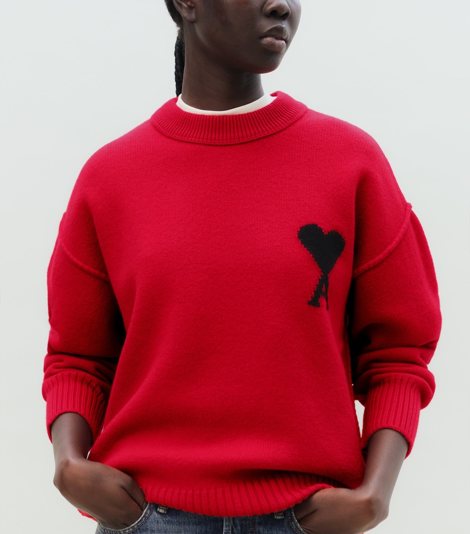 AMI Paris Womens Wool Ami de Coeur Sweater Rouge Rubis/ Noir Image 3