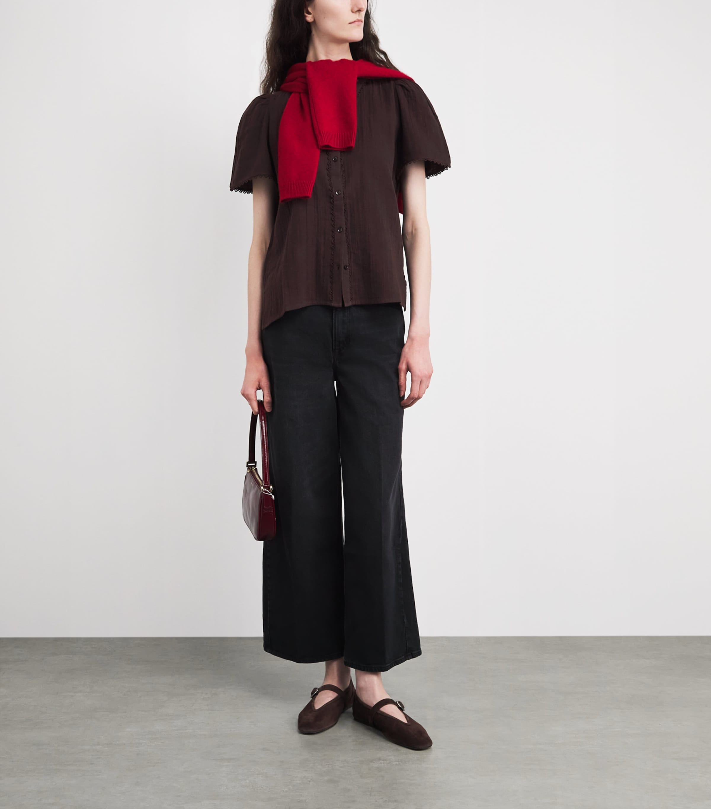 ME+EM Womens Cotton Cheesecloth Blouse Ganache Brown Image 2