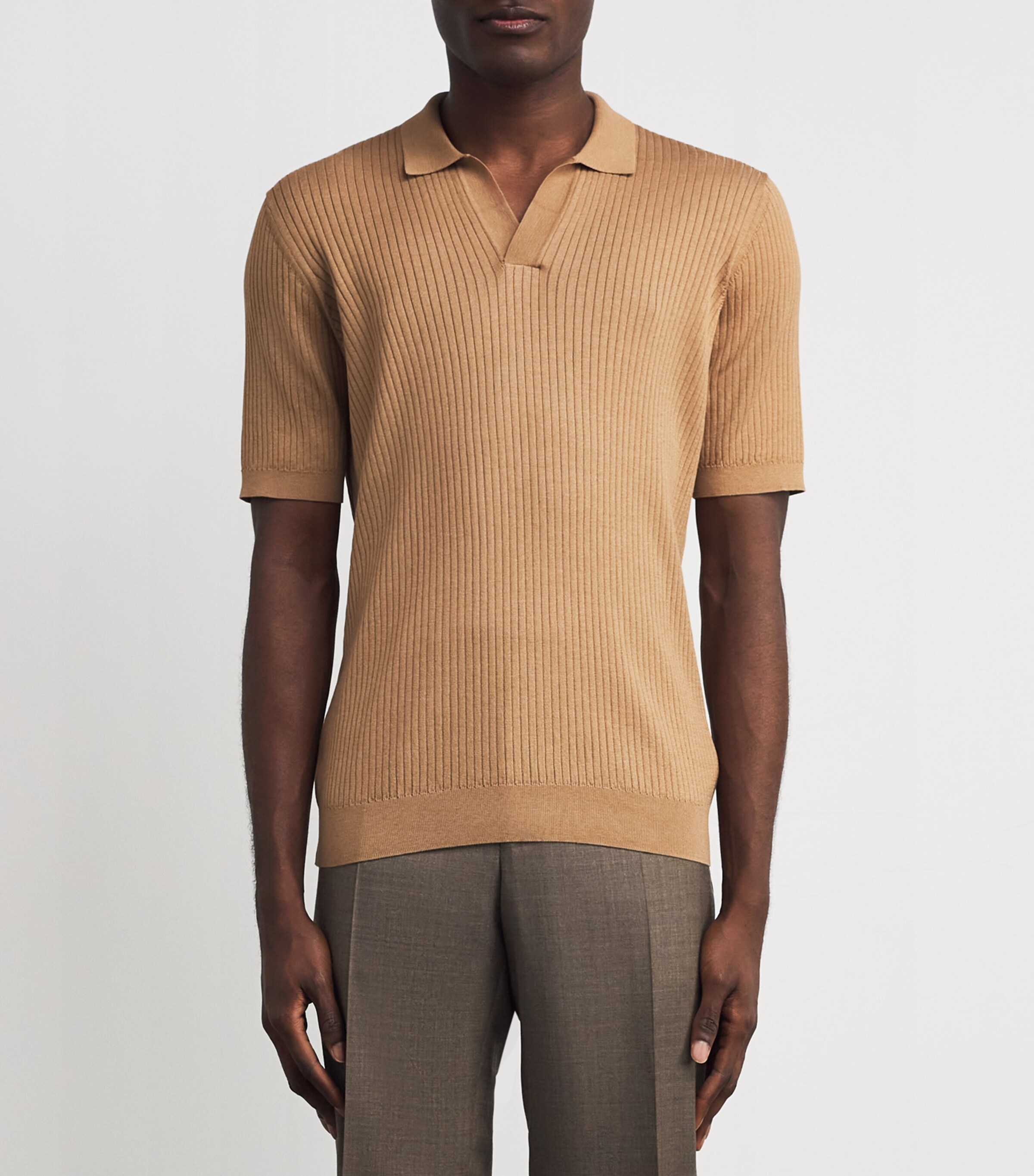 Sunspel Mens Silk-Cotton Rib-Knit Polo Shirt Brfz Dune Image 3