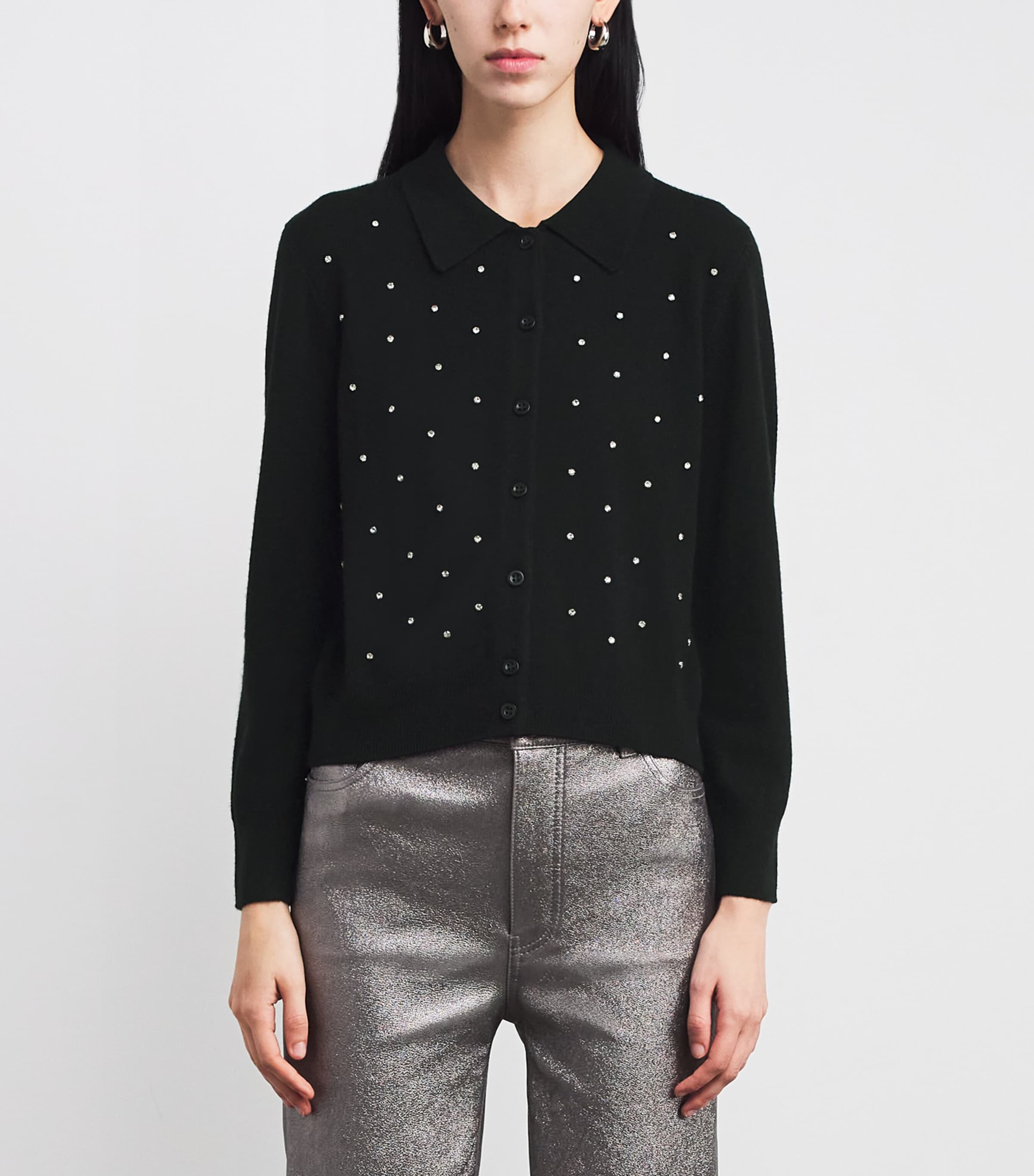 Wool-Cashmere Rhinestone-Embellished Cardigan BLACK Image 3