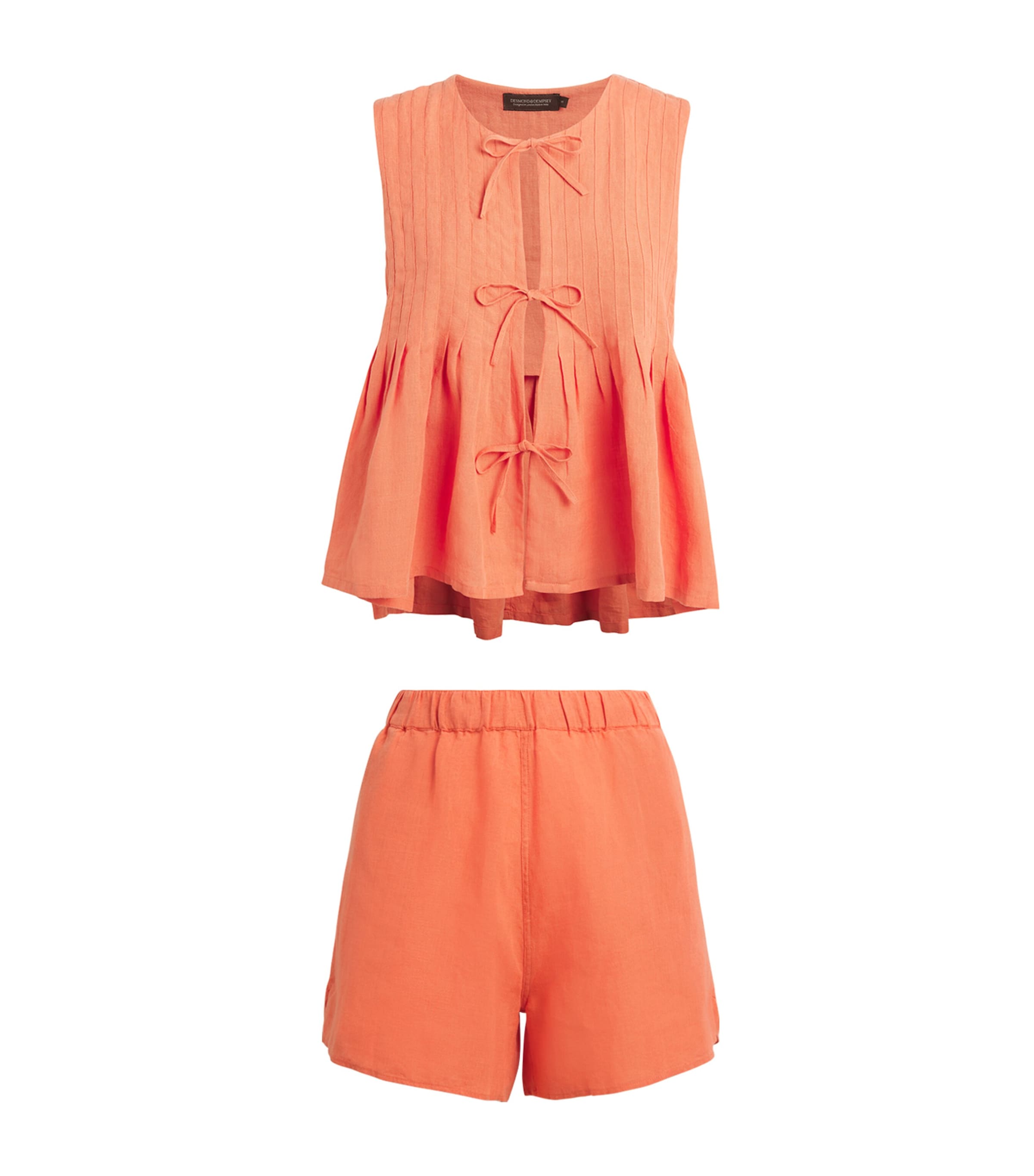 Desmond & Dempsey Linen Pleated Pyjama Set In Orange