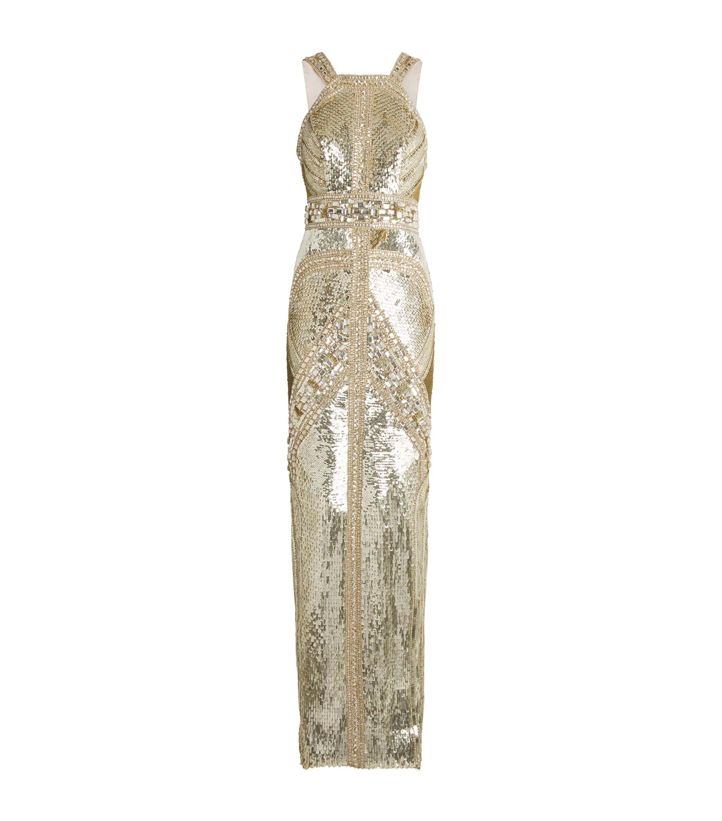 Pamella Roland Crystal Embroidered Tulle Halter Gown In Gold