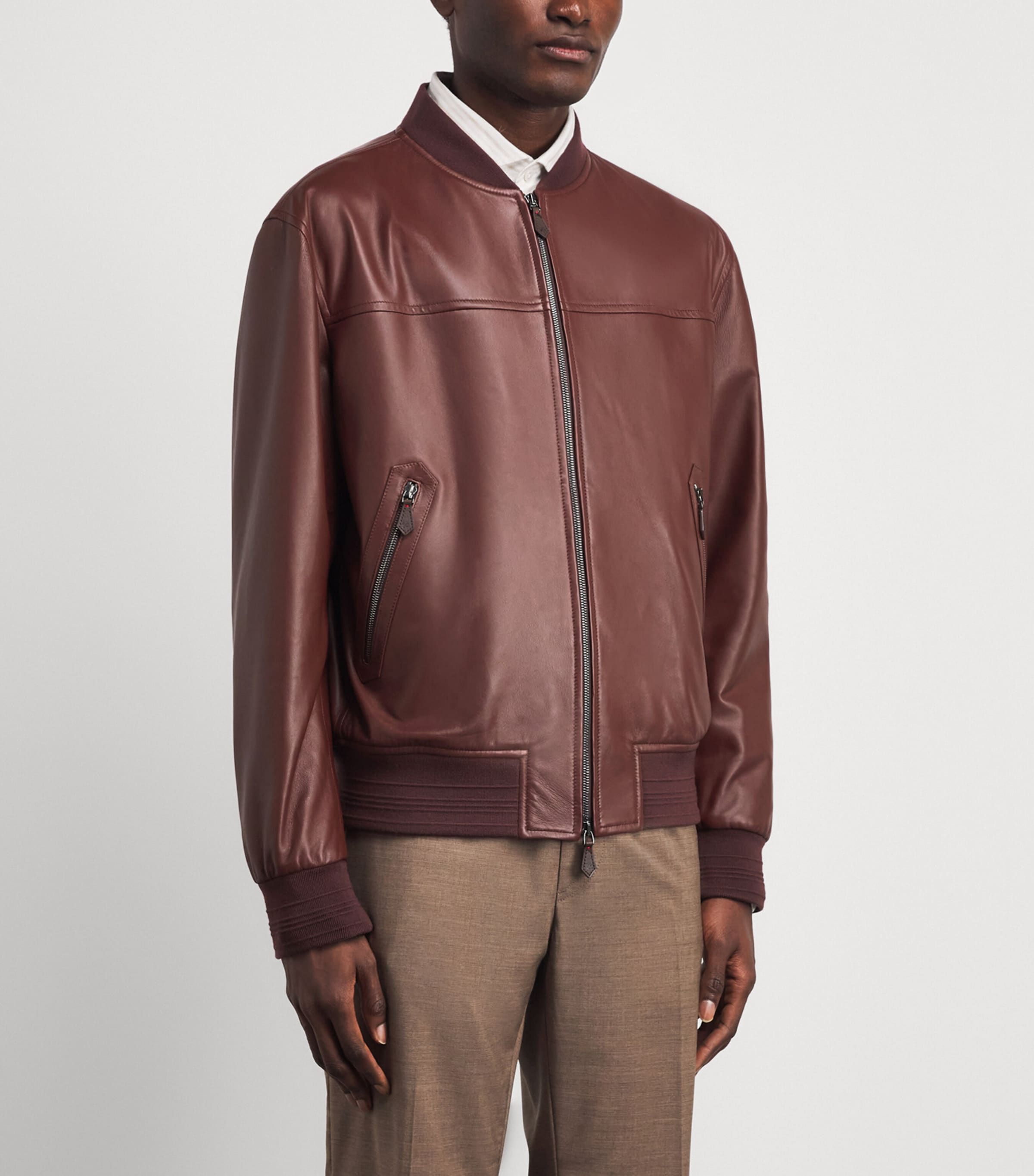 Isaia Mens Leather Bomber Jacket Image 4