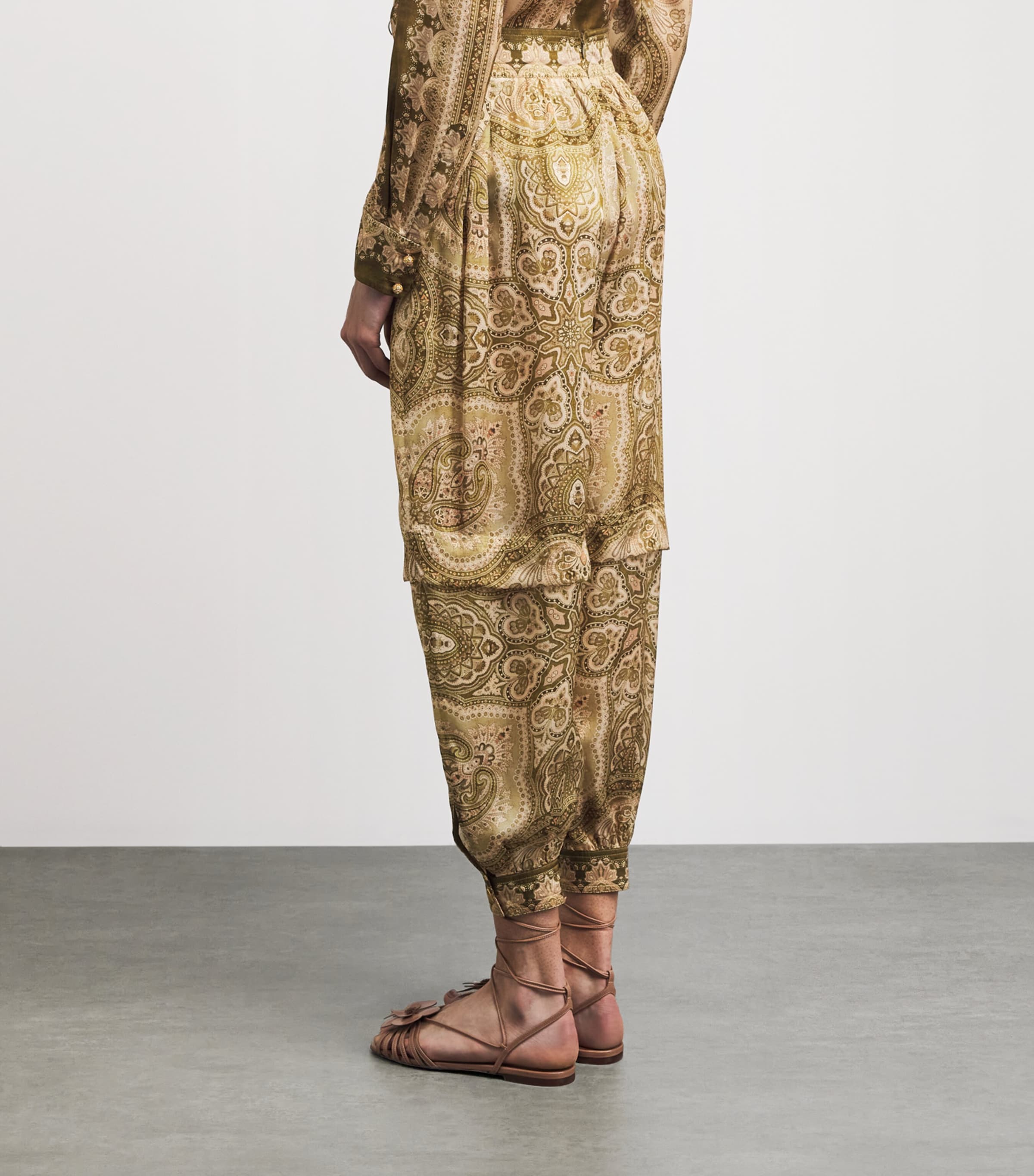 Zimmermann Womens Silk Satin Luna Trousers Olive Perla Paisley Image 5