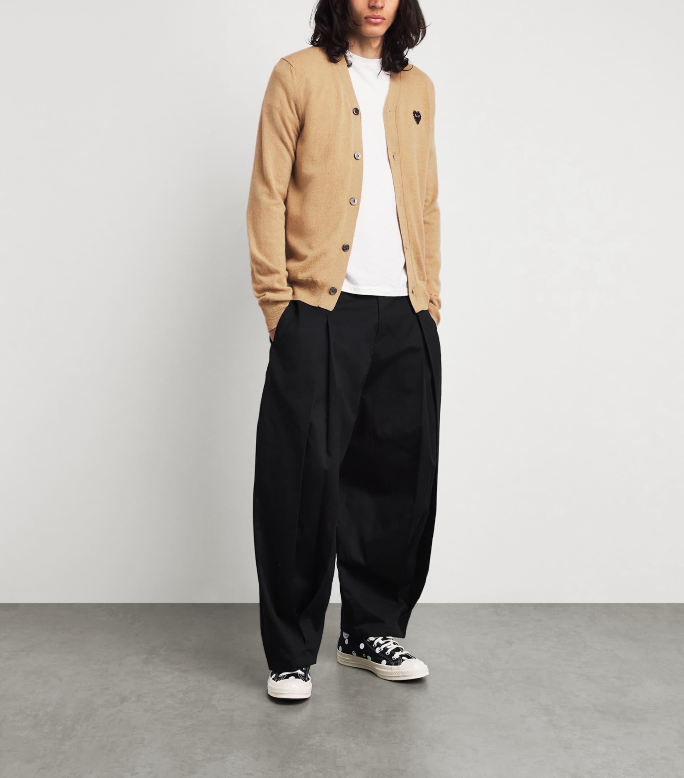Comme Des Garçons Mens Wool Rhinestone Heart Logo Cardigan Beige Image 2