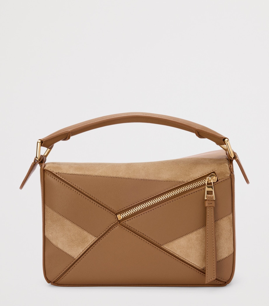 Small Leather Stripe Puzzle Edge Top-Handle Bag OAK Image 4