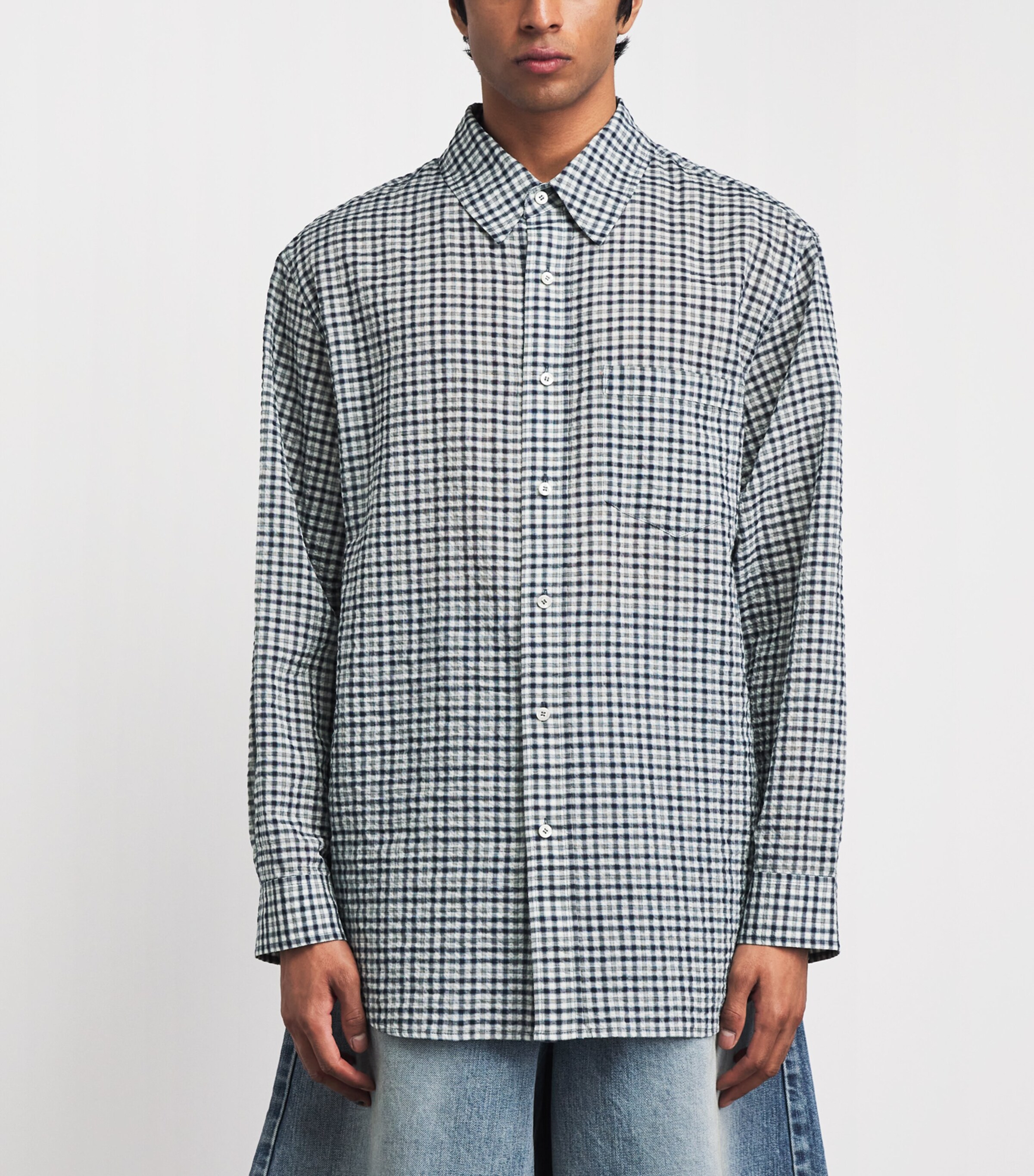 System Mens Cotton-Blend Relaxed Check Shirt Dark Navy Image 4