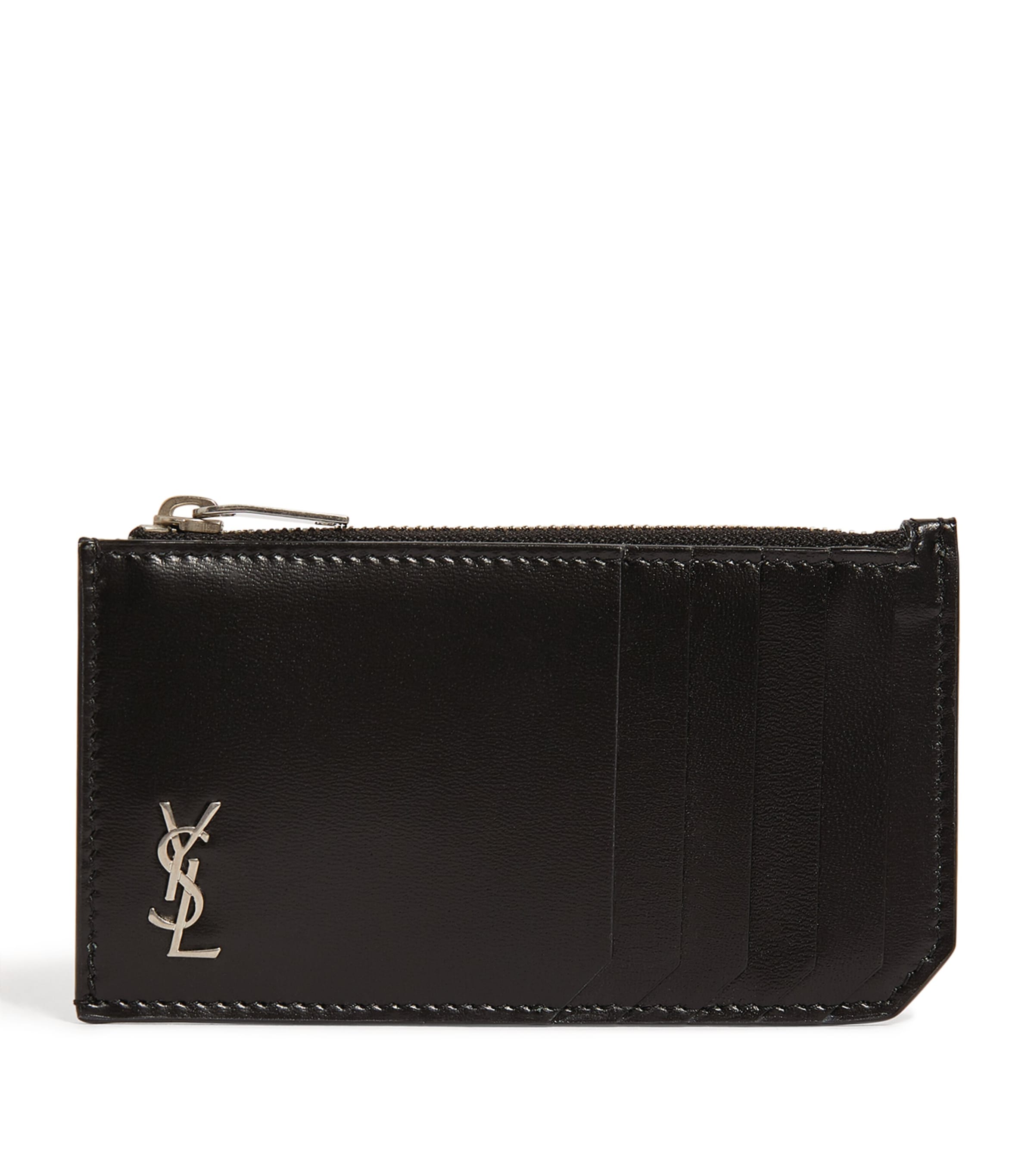 Shop Saint Laurent Leather Fragments Monogram Card Holder In Black