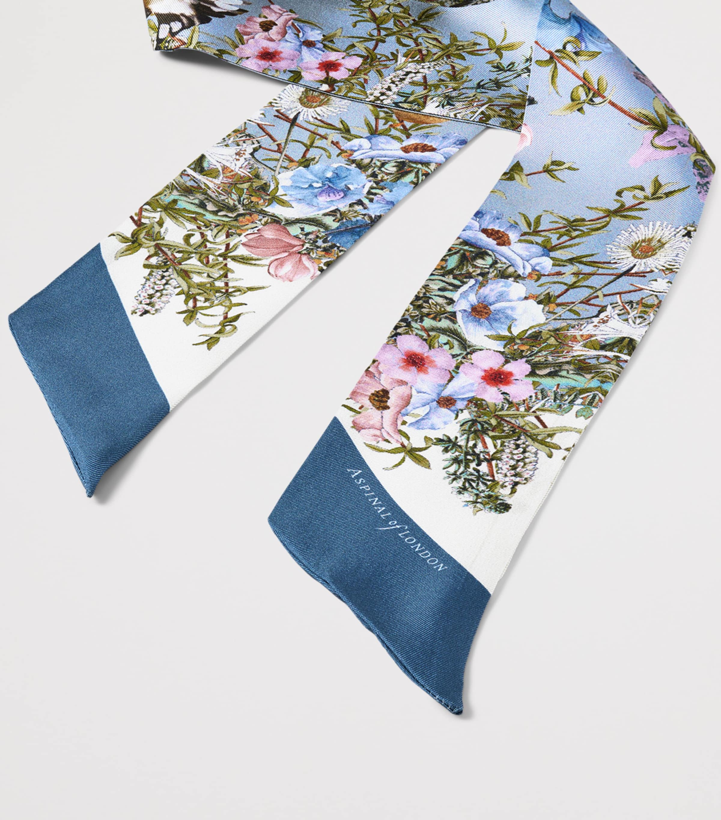 Aspinal Of London Silk Edwardian Garden Skinny Scarf Skyblue Image 2