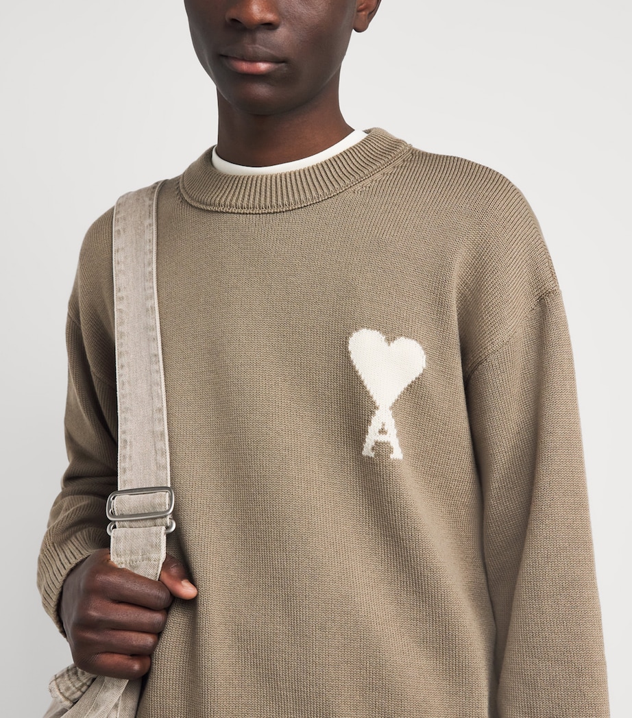 AMI Paris Mens Wool-Cotton Ami de Coeur Sweater Bge Taupe/ecru Image 3
