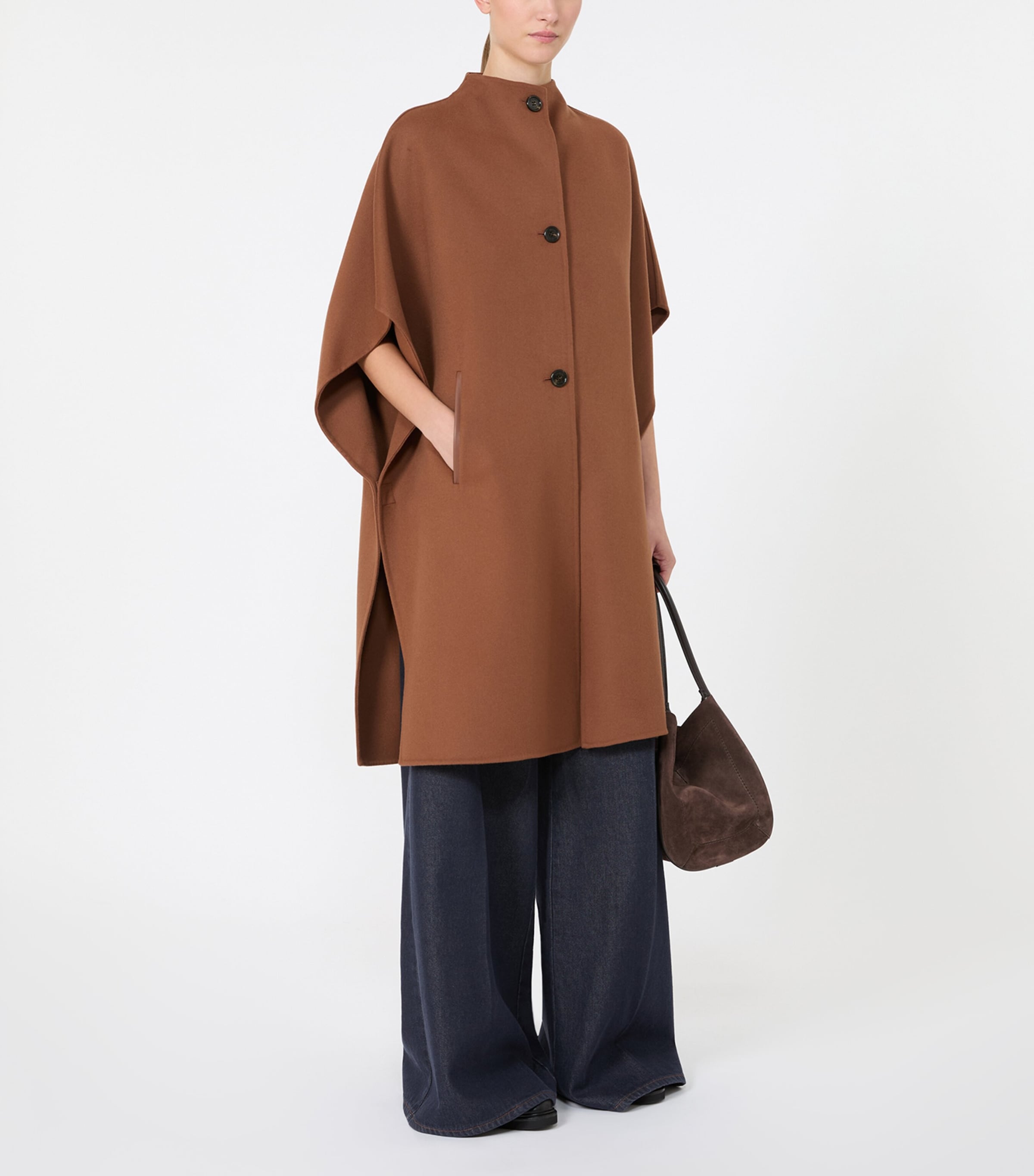 Max Mara Womens Virgin Wool Button-Up Cape Dark Brown Image 4