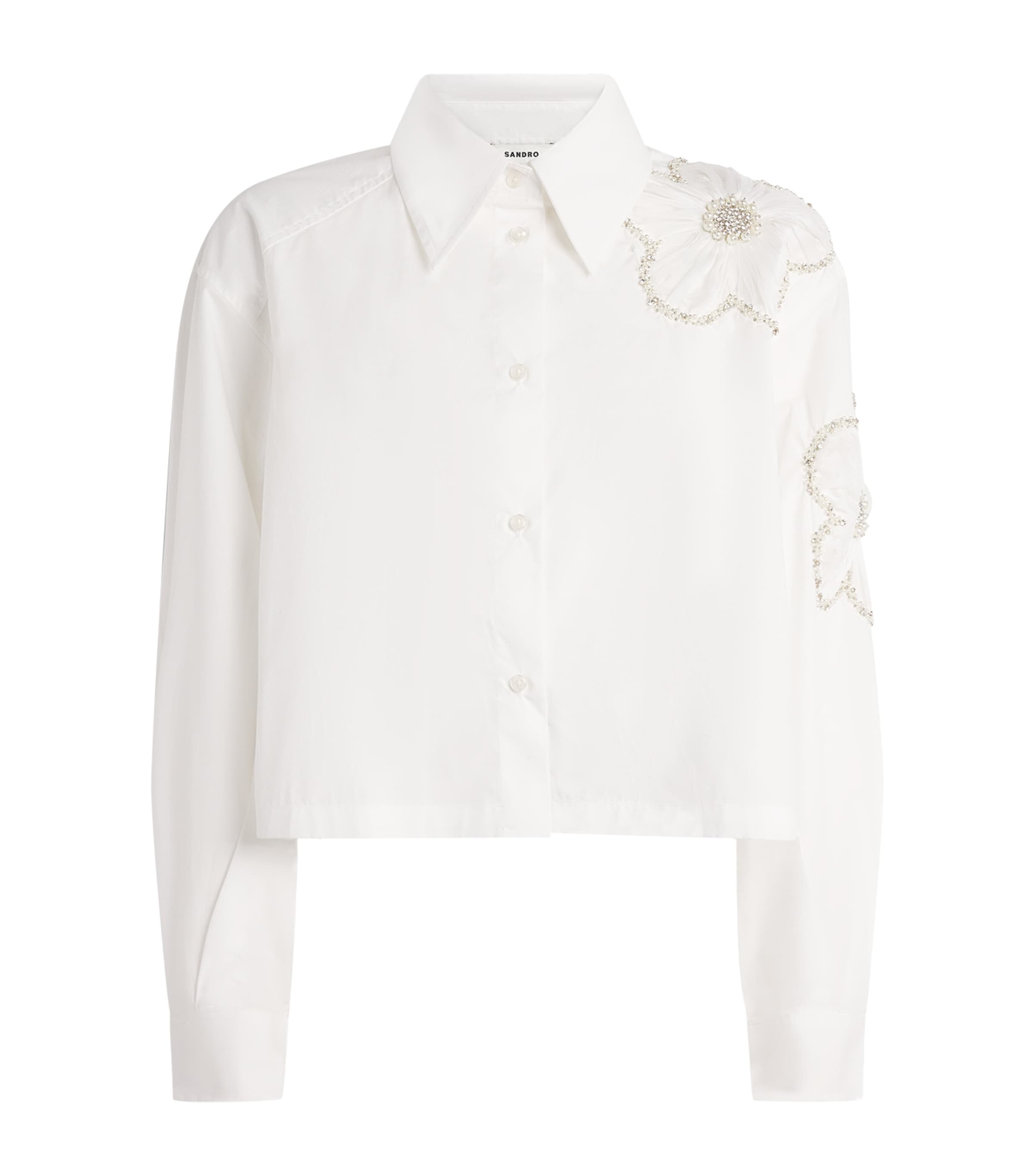 Sandro Paris Womens Cotton Embroidered Shirt White / Blue Image 1