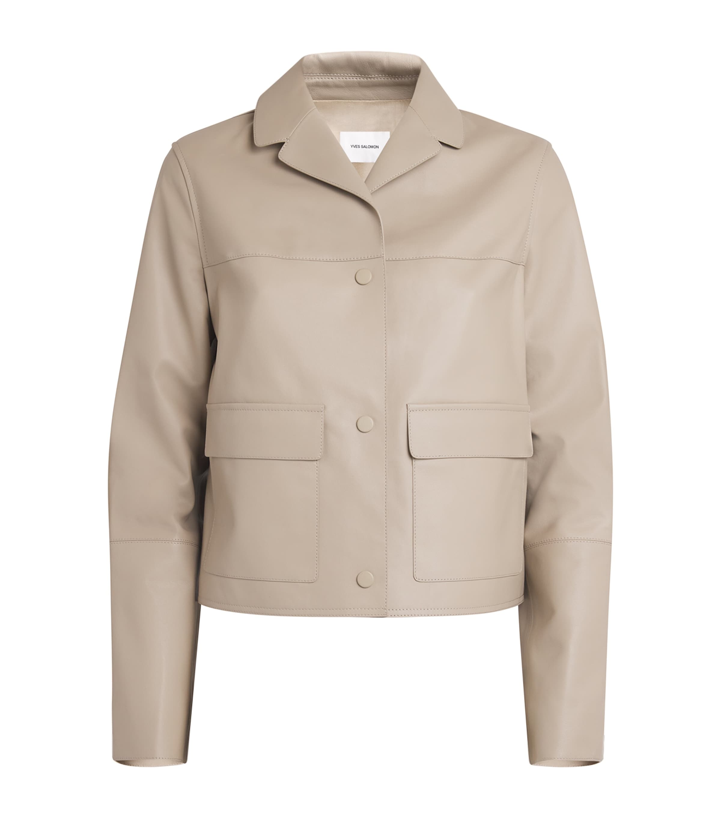 Shop Yves Salomon Leather Cropped Overshirt In Beige