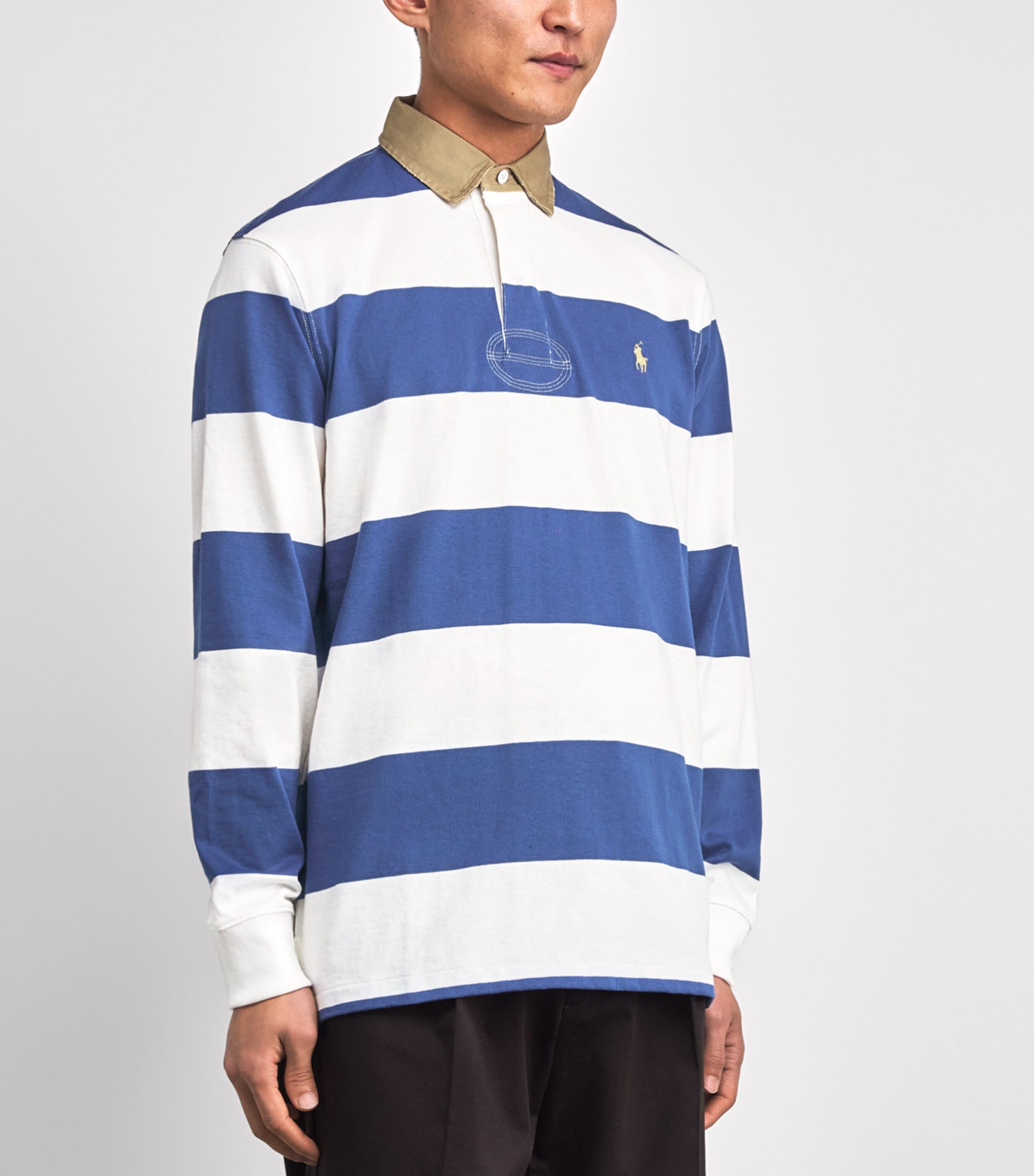 Cotton Stripe Polo Pony Rugby Shirt BLUE Image 3