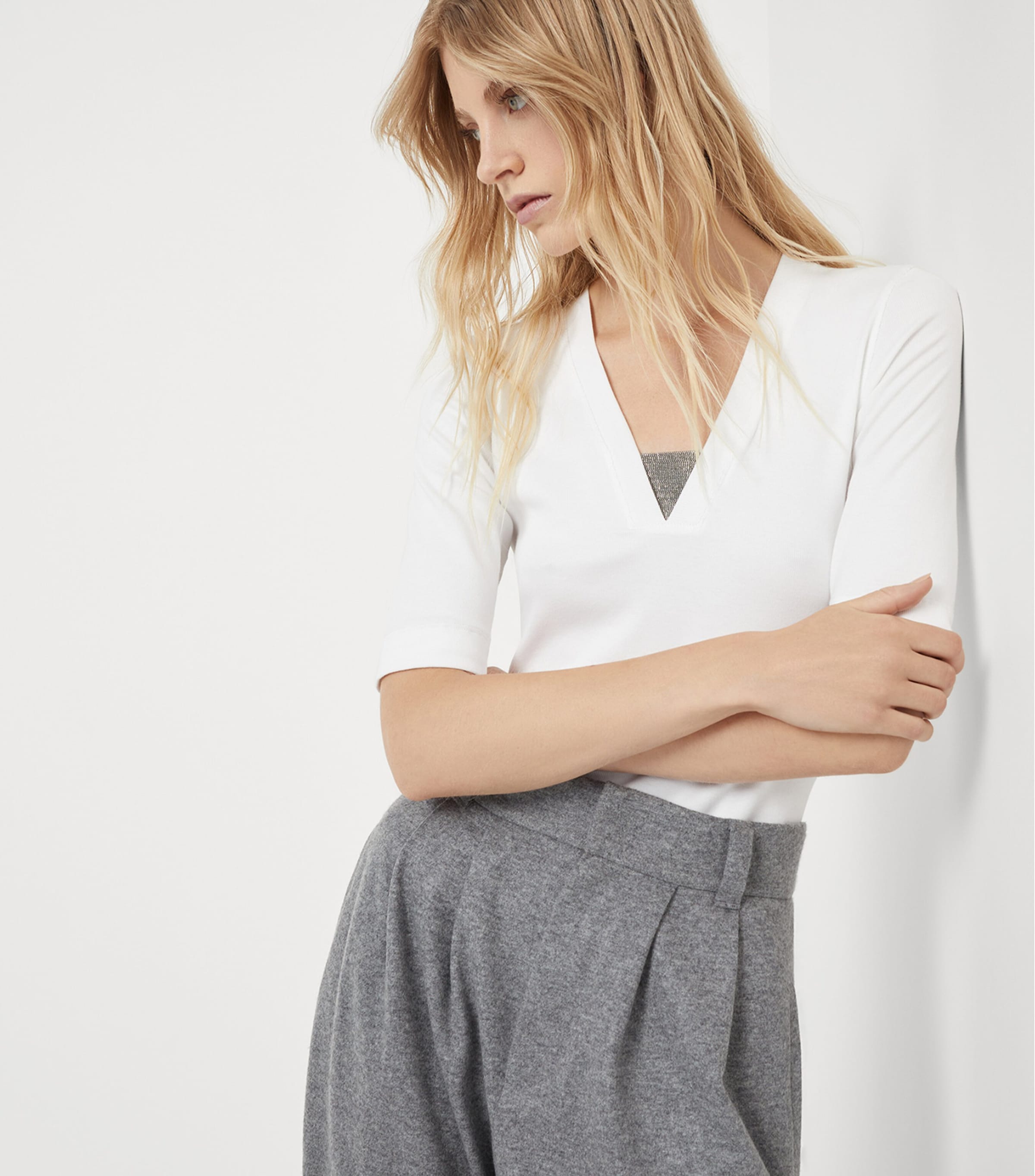 Brunello Cucinelli Womens Stretch-Cotton Monili-Detail T-Shirt Image 5