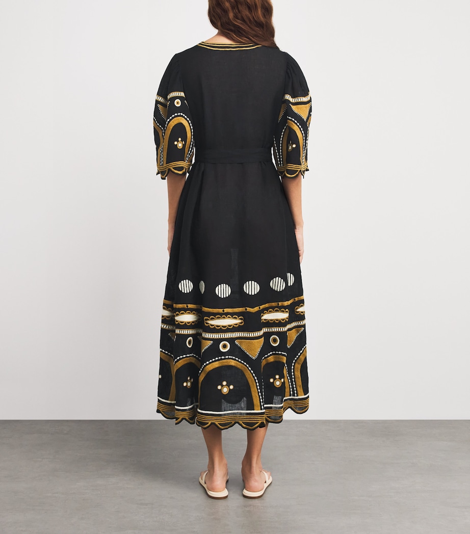 Linen Embroidered Midi Dress NOIR Image 3