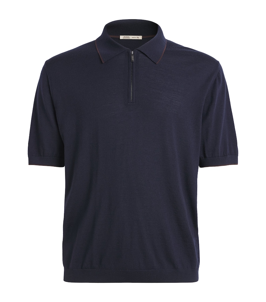 Maurizio Baldassari Mens Virgin Wool Zip-Up Polo Shirt Dark Navy Image 1