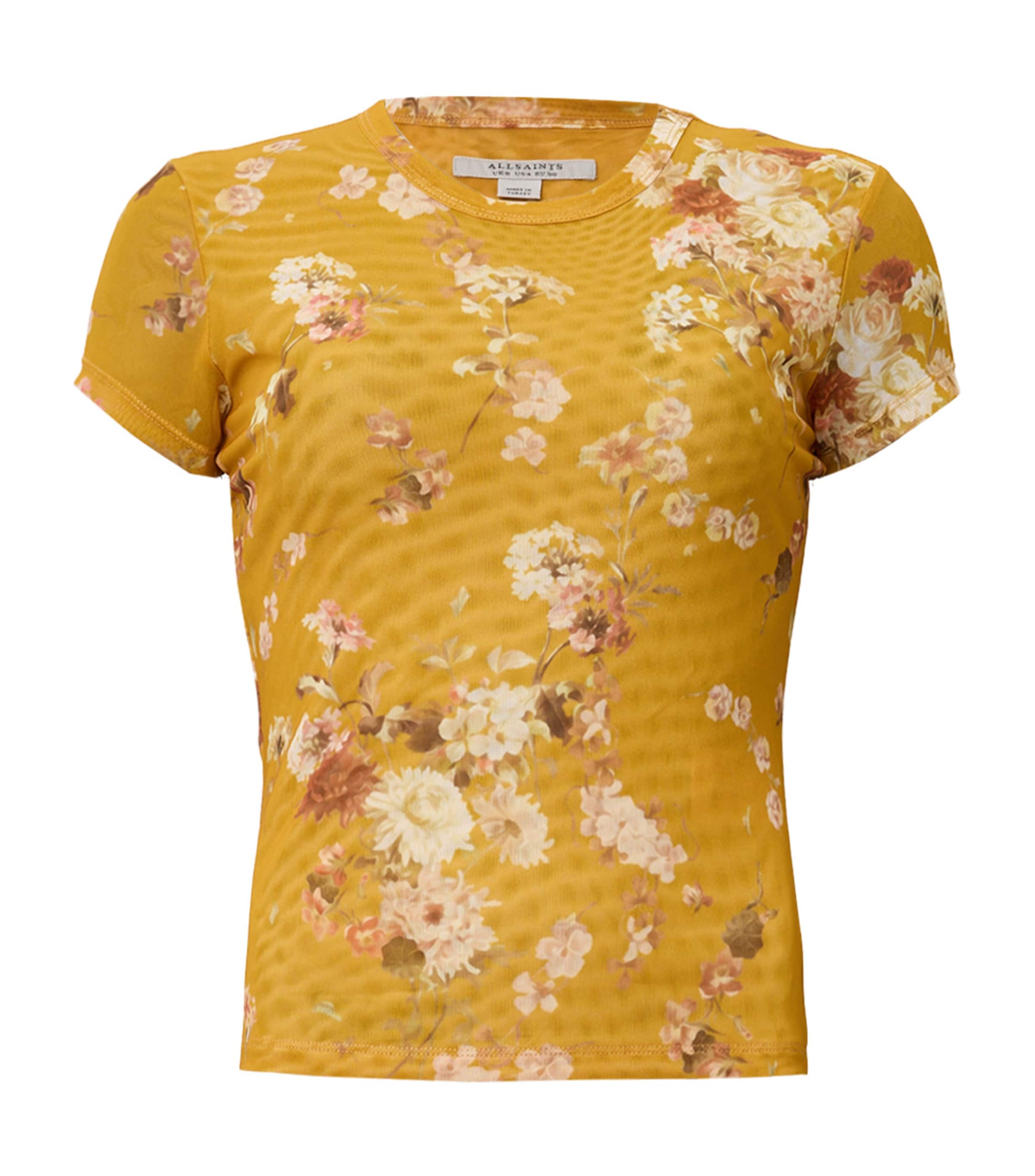 Allsaints Womens Ellie Round-neck Floral-print Stretch-mesh T-shirt Armada Deep Ye In Yellow