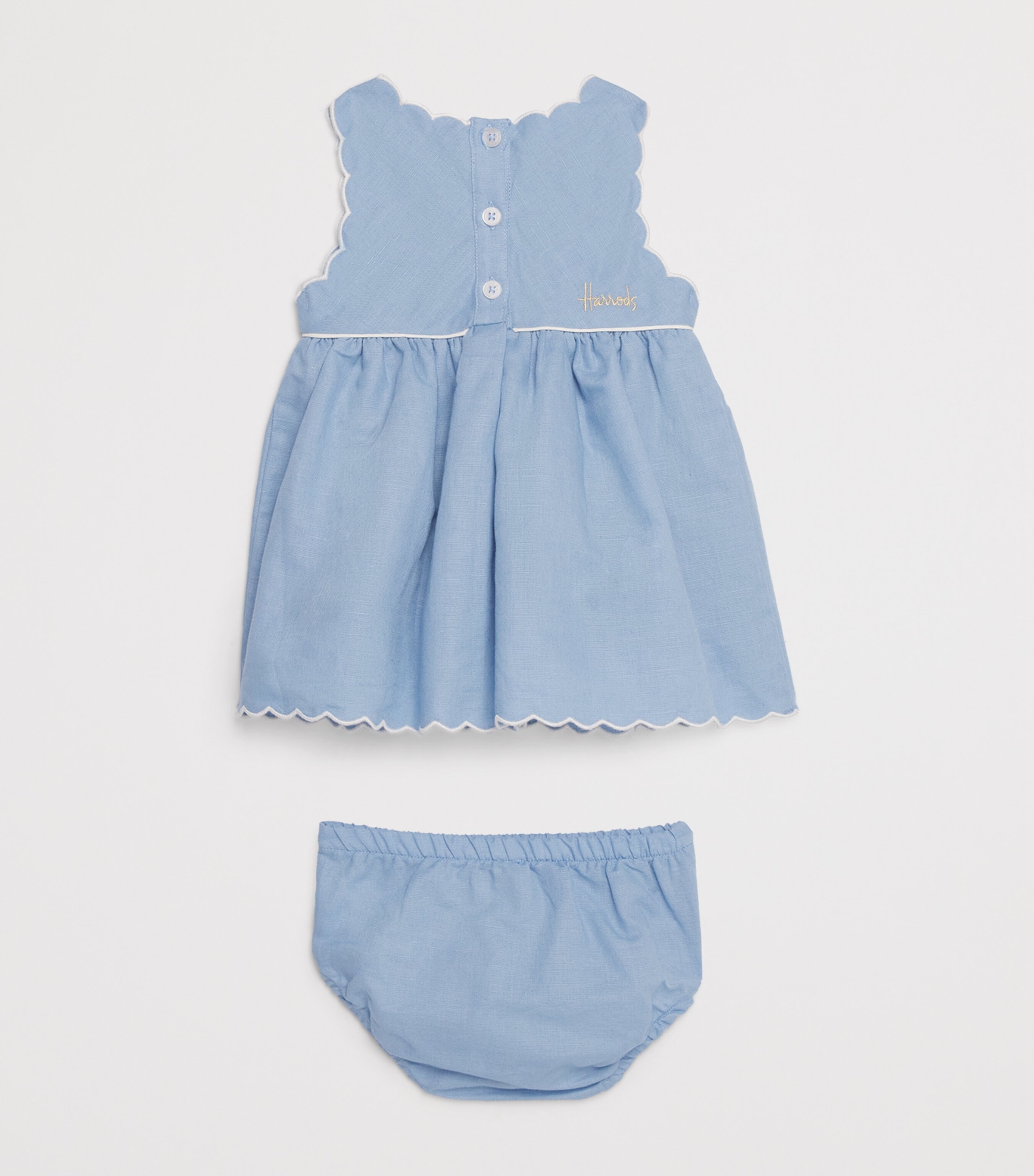 Harrods Linen-Cotton Bow-Detail Dress and Bloomers Set (0-18 Months) Blue Image 2