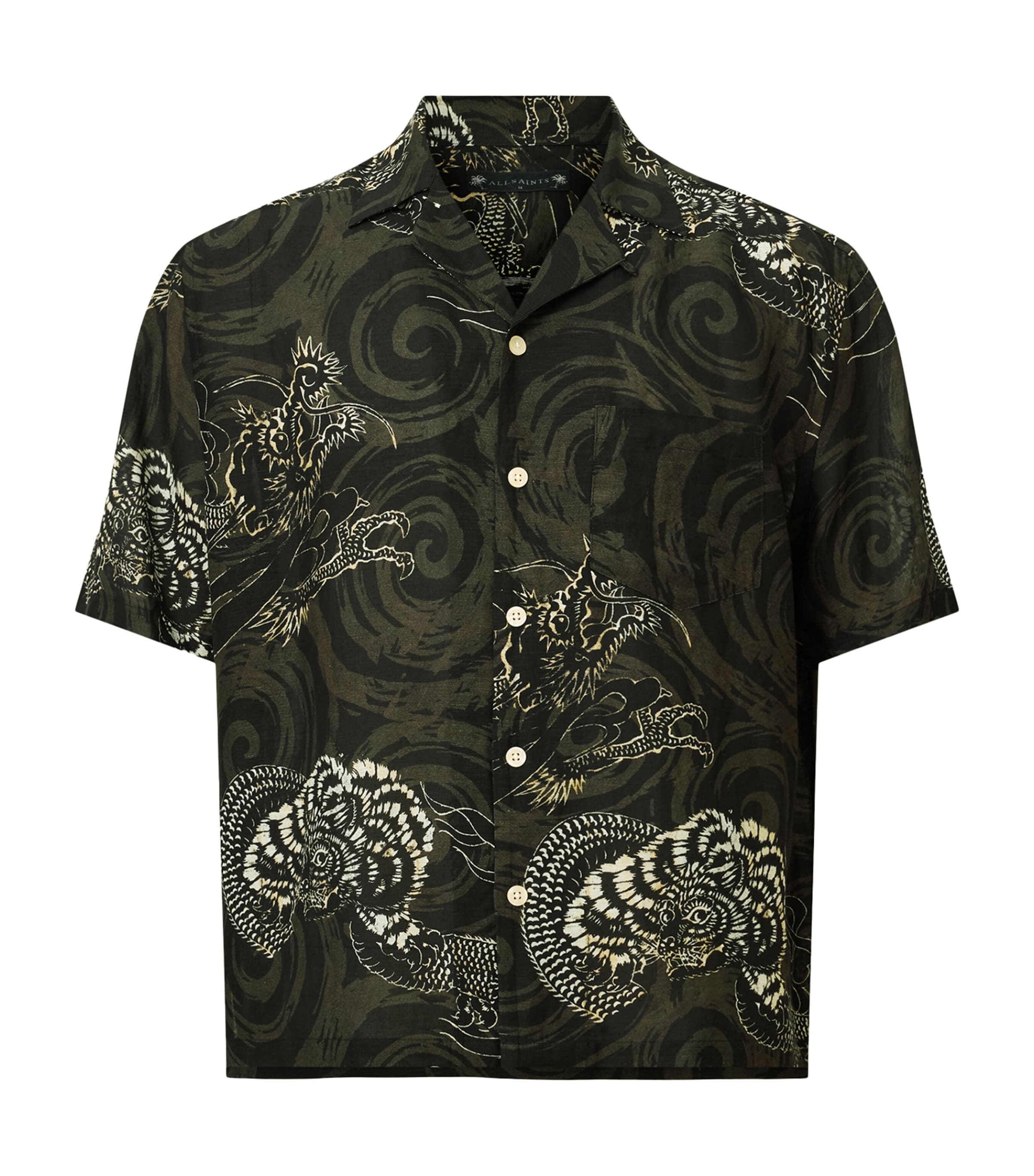 Allsaints Mens Kelp Green Sidewinder Graphic-print Short-sleeve Woven Shirt Xxl In Green