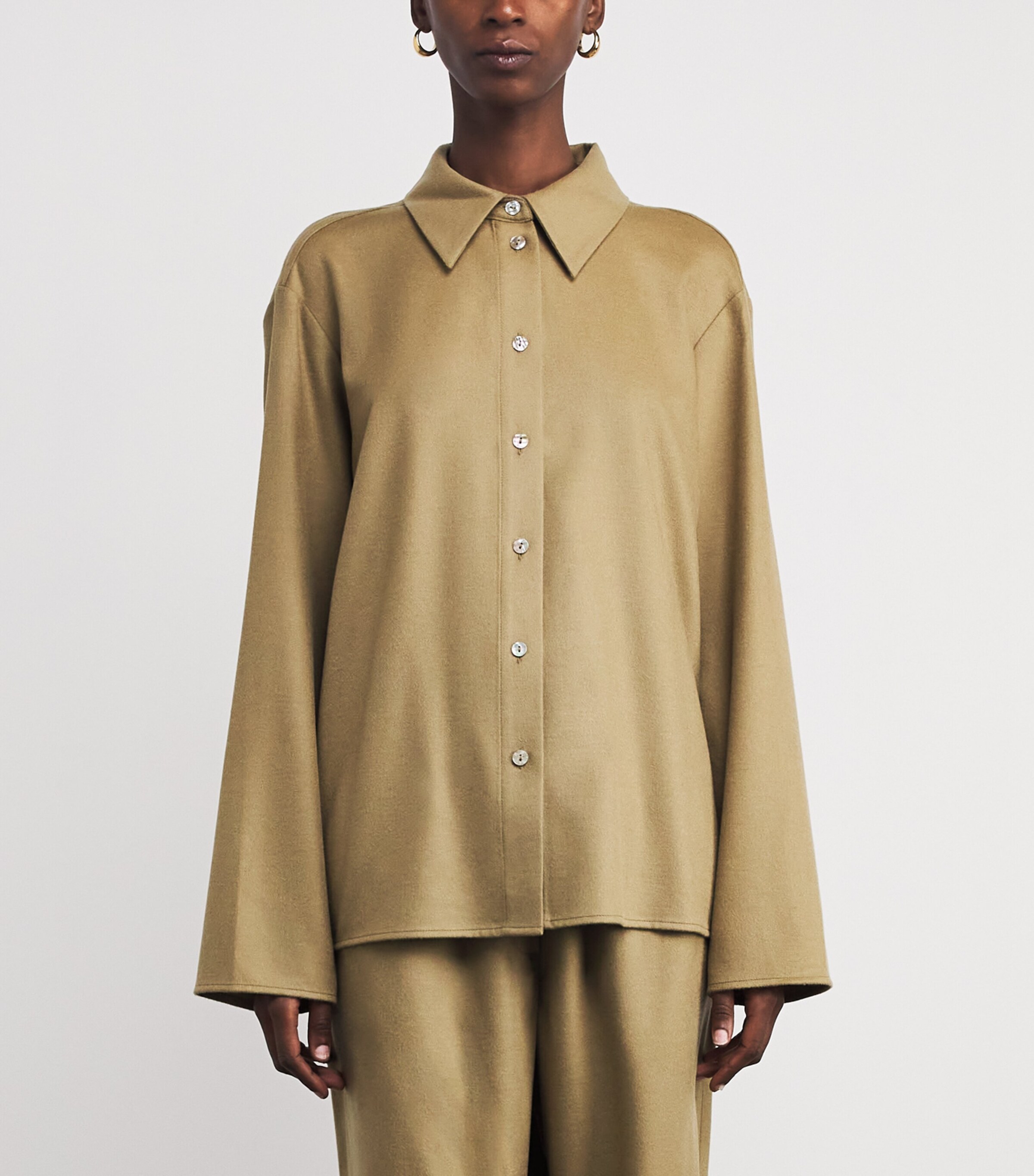 Soft Goat Womens Wool-Silk-Cashmere Woven Shirt Khaki Image 3