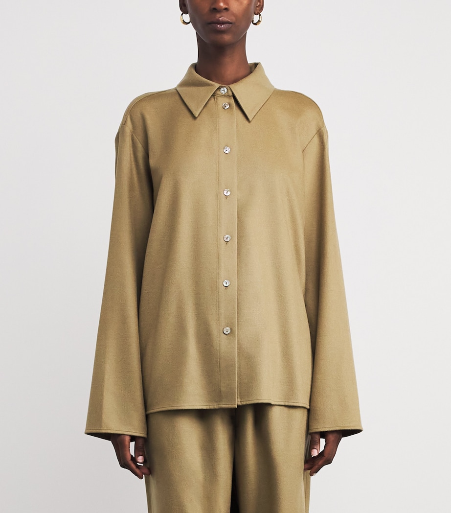 Soft Goat Womens Wool-Silk-Cashmere Woven Shirt Khaki Image 3