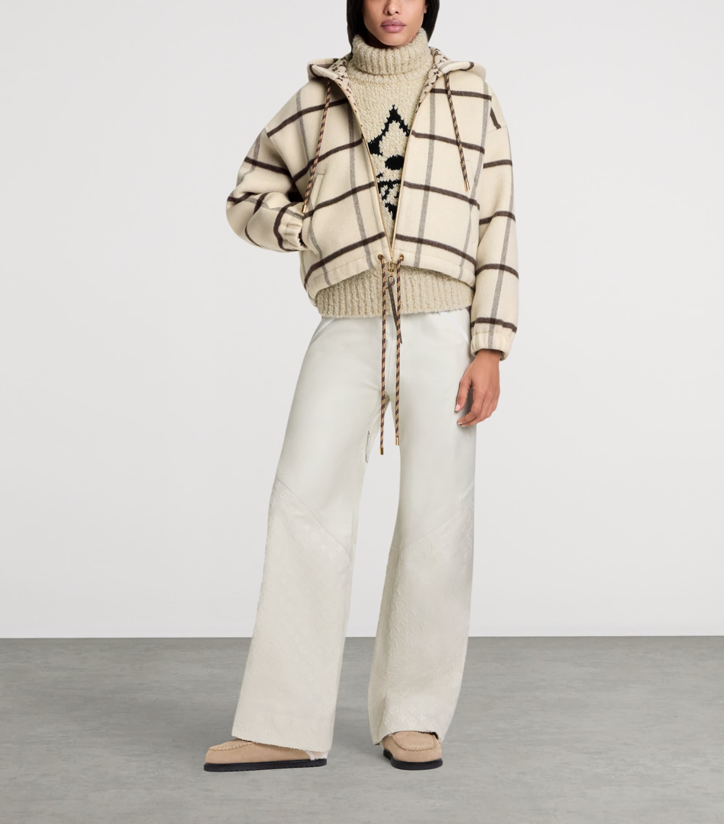 Wool-Blend Check Zip-Up Hoodie BEIGE Image 4