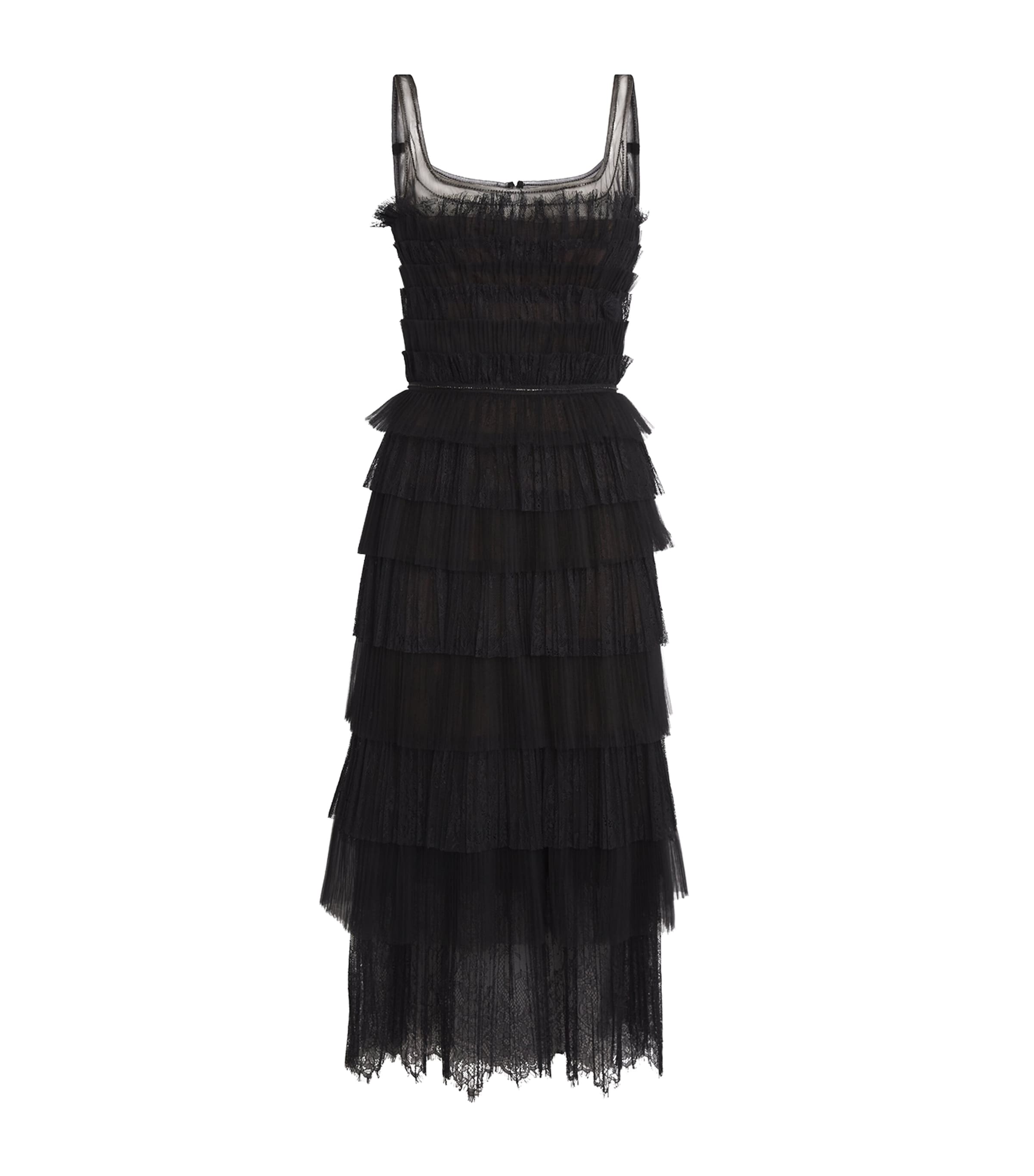 Costarellos Layered Tulle Lace Maxi Dress In Black