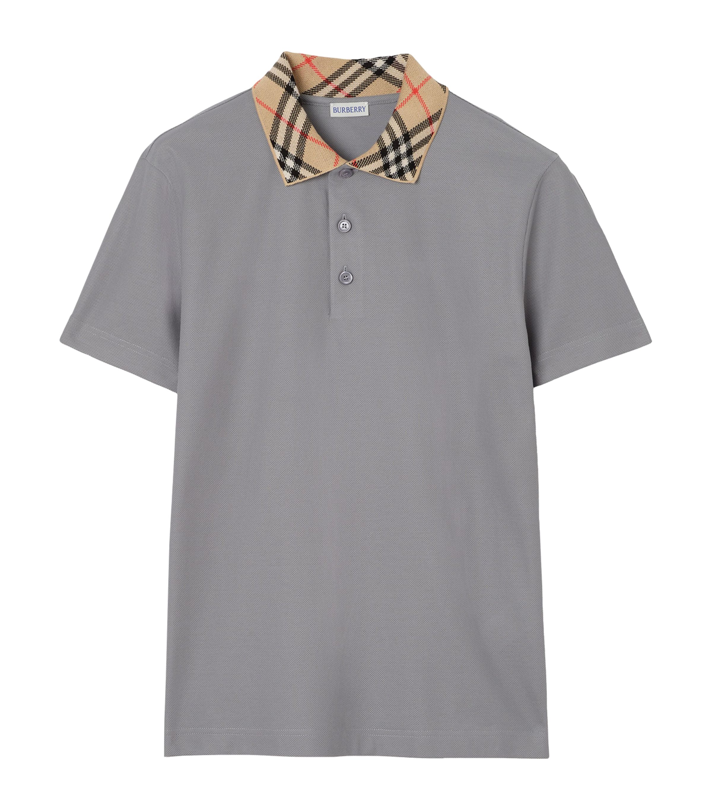 Burberry Mens Cotton Check-Collar Polo Shirt Rainy Grey Image 1