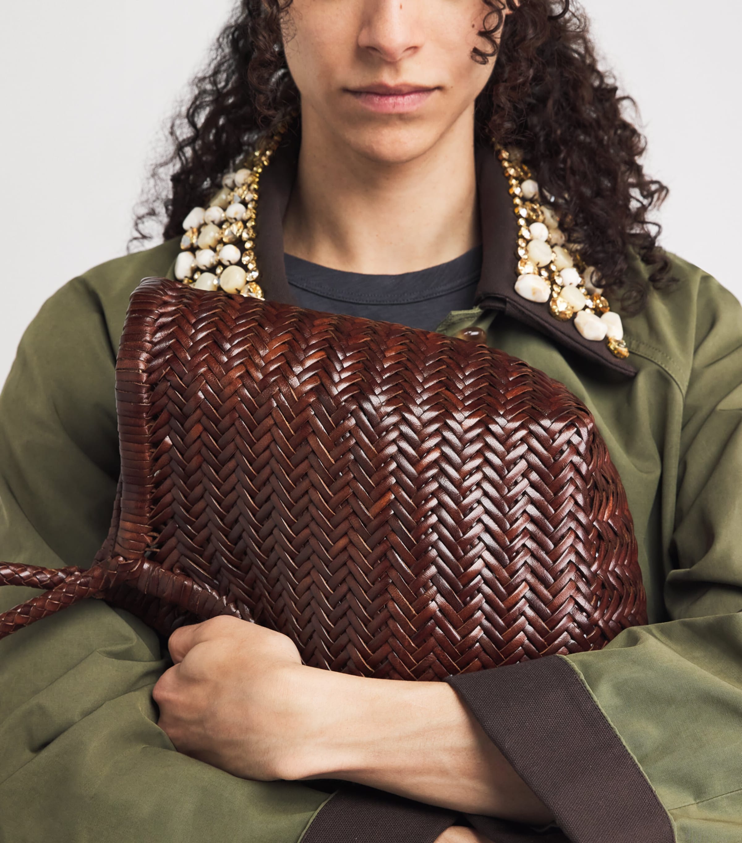 DRAGON DIFFUSION Large Leather Woven Nantucket Tote Bag Bruciato Image 4