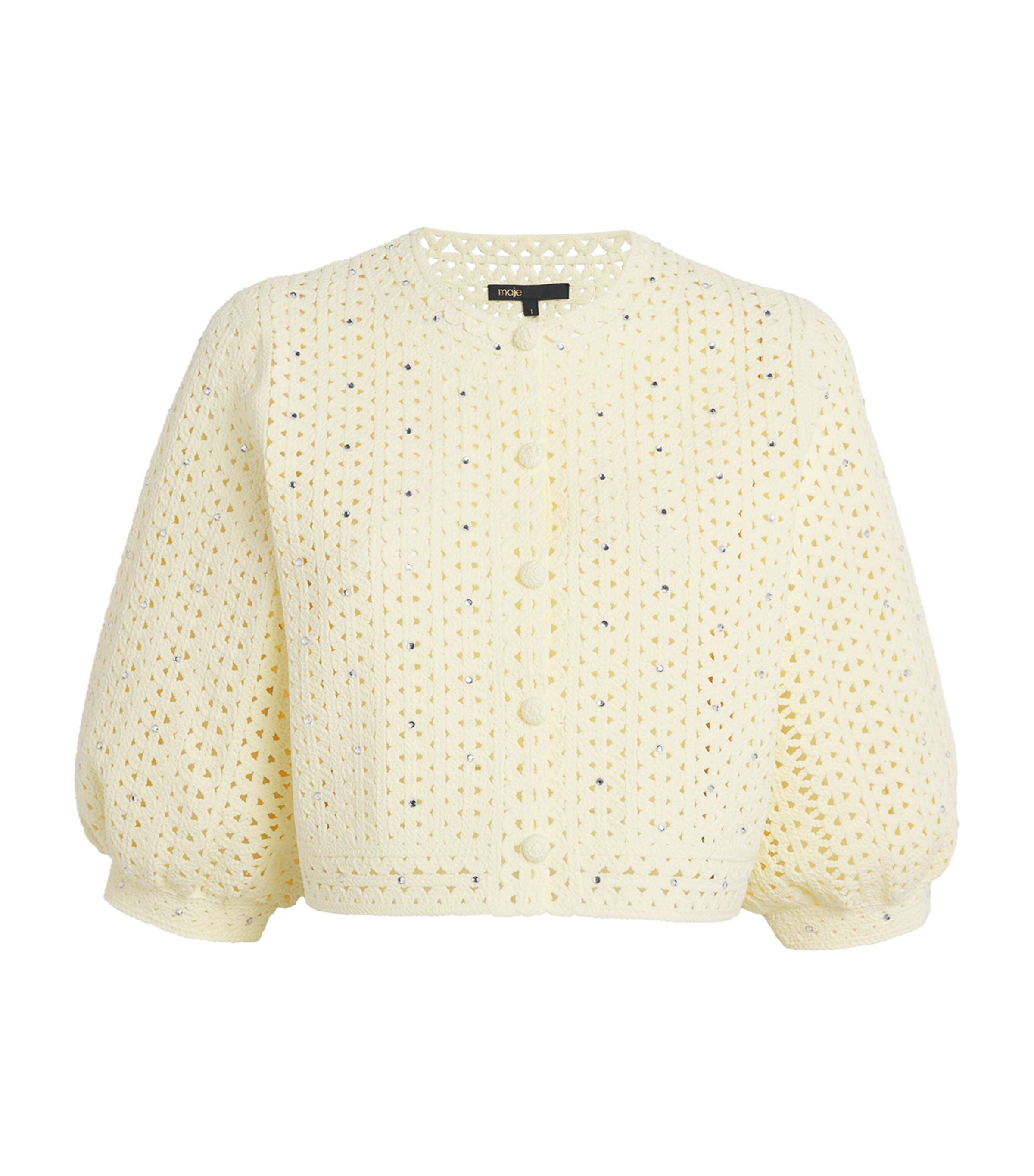 Maje Cropped Rhinestone Crochet Cardigan In Yellow