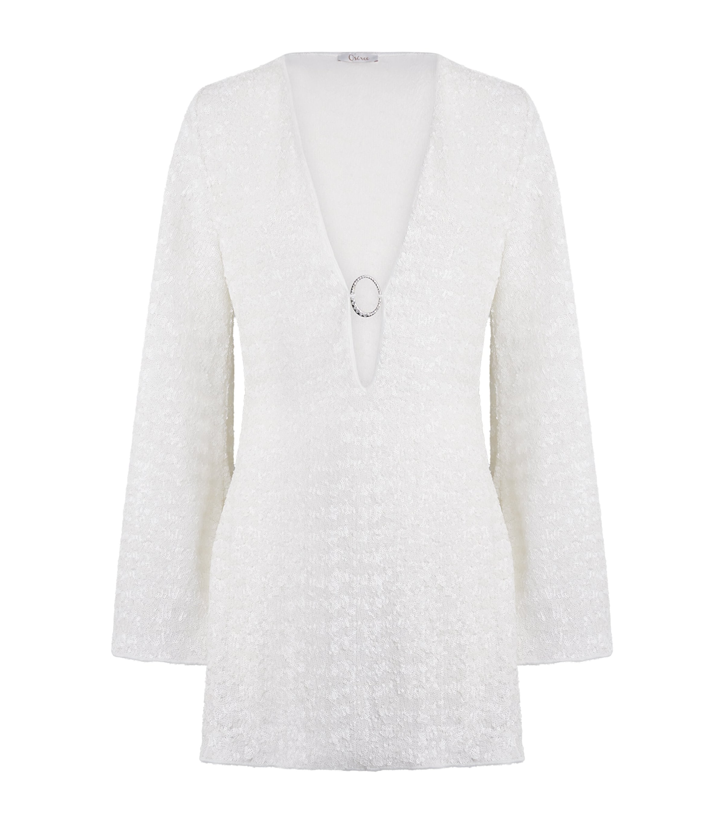 Oséree Womens Sequinned Feather-Trim Kaftan Mini Dress Pearl Image 1