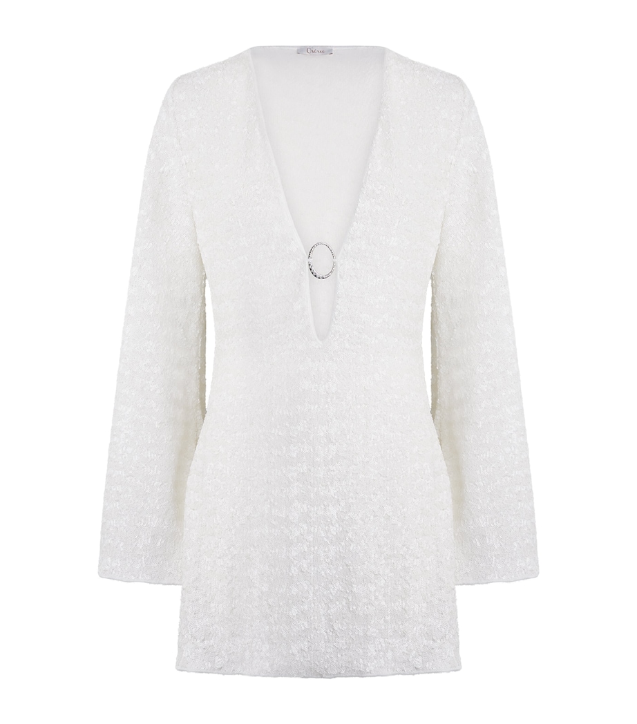 Oséree Womens Sequinned Feather-Trim Kaftan Mini Dress Pearl Image 1