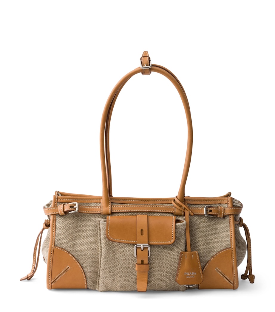 Prada Womens Small Linen-Leather Bonnie Top-Handle Bag Neutral Image 1