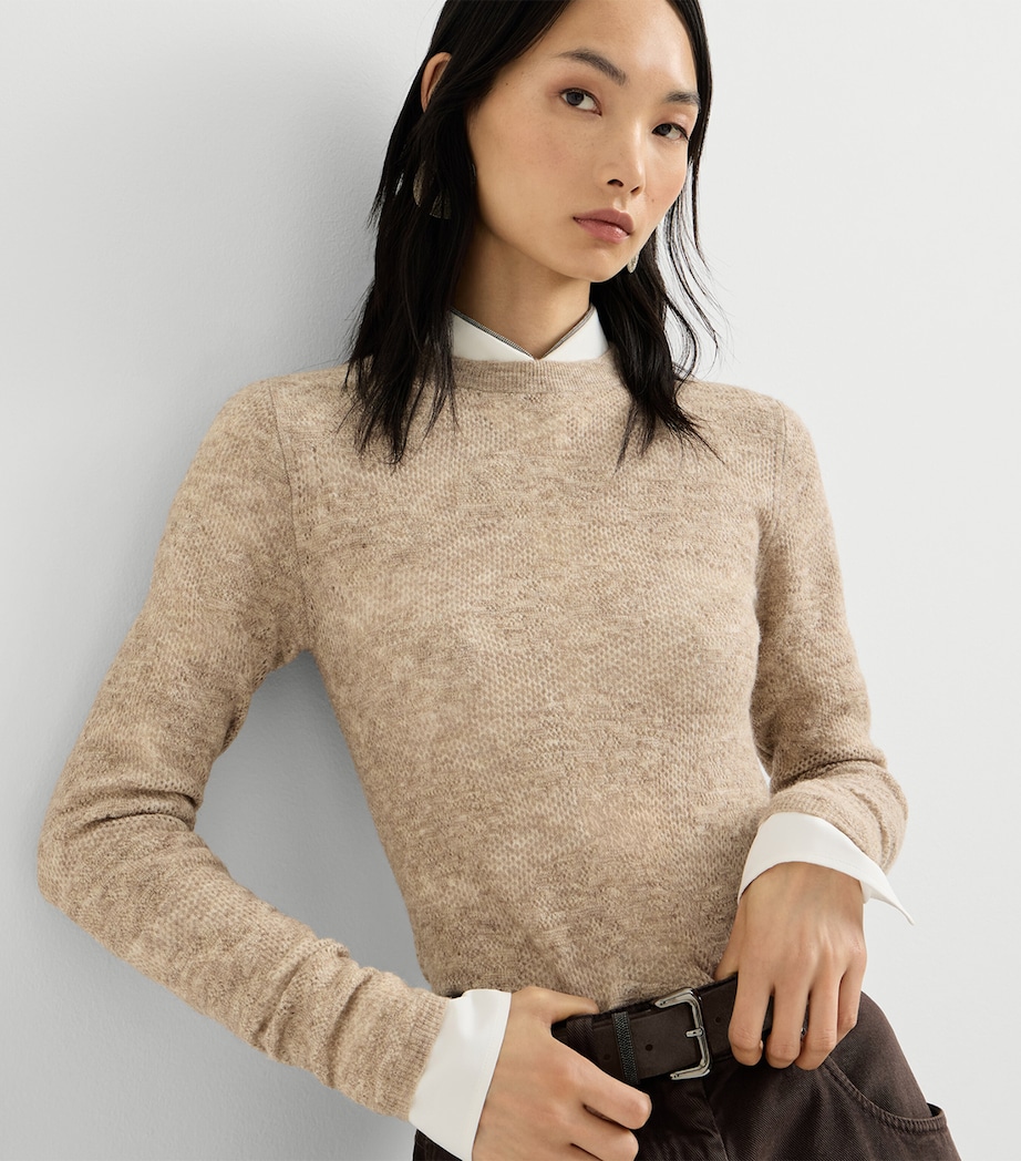 Brunello Cucinelli Womens Silk-Alpaca-Wool Lace-Detail Sweater Brown Image 2