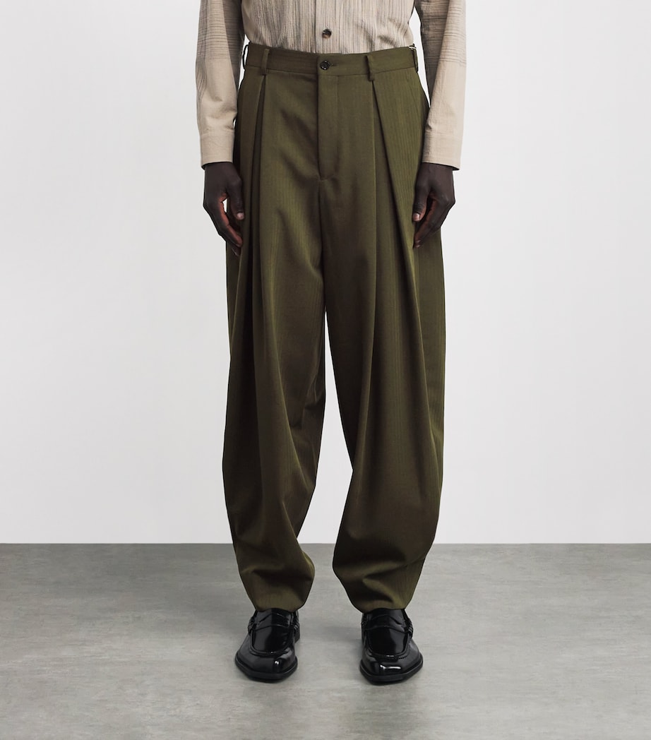 Wool Pleated Wide-Leg Trousers KHAKI Image 3