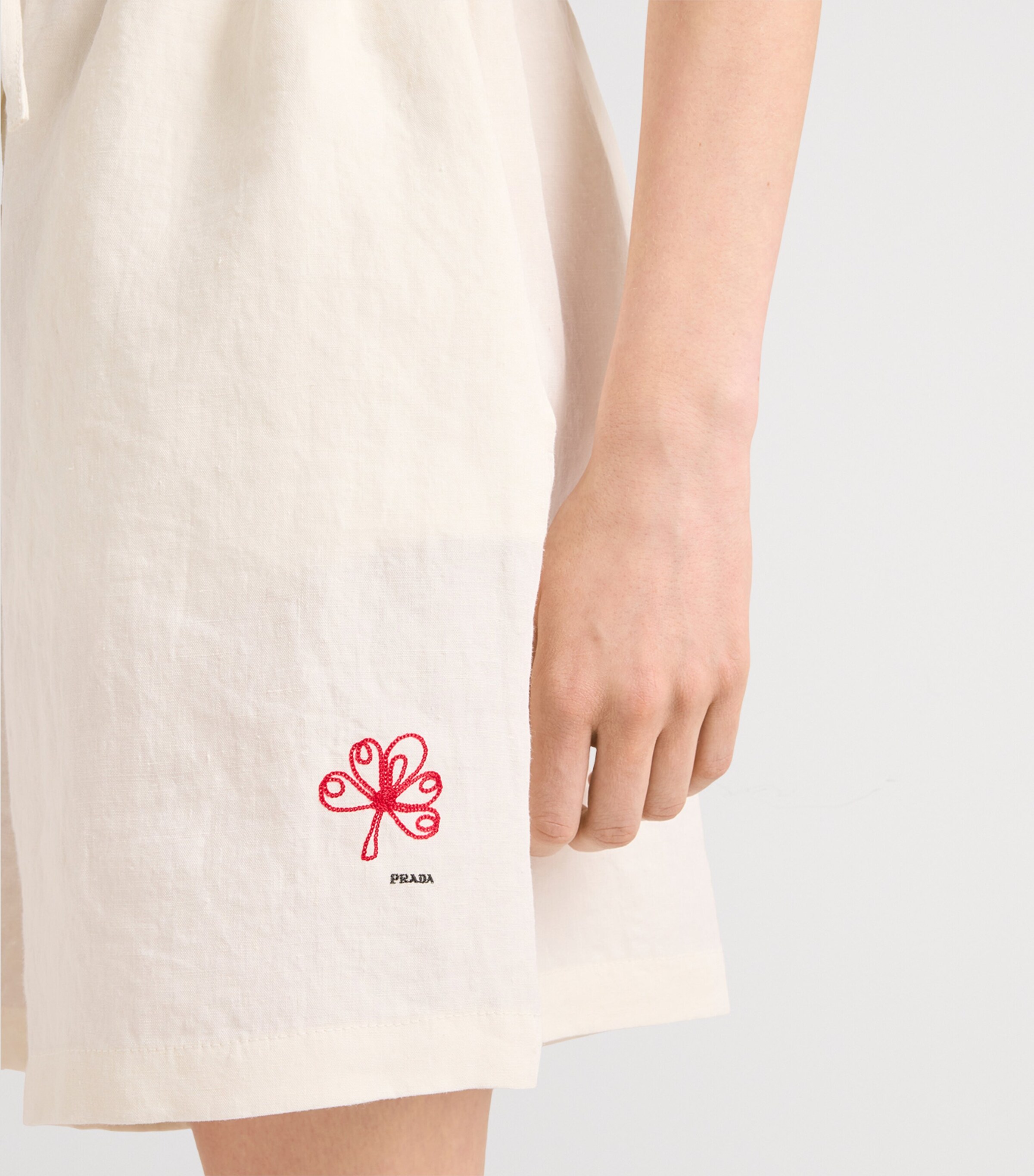 Prada Womens Slubbed Linen Embroidered Shorts White Image 3