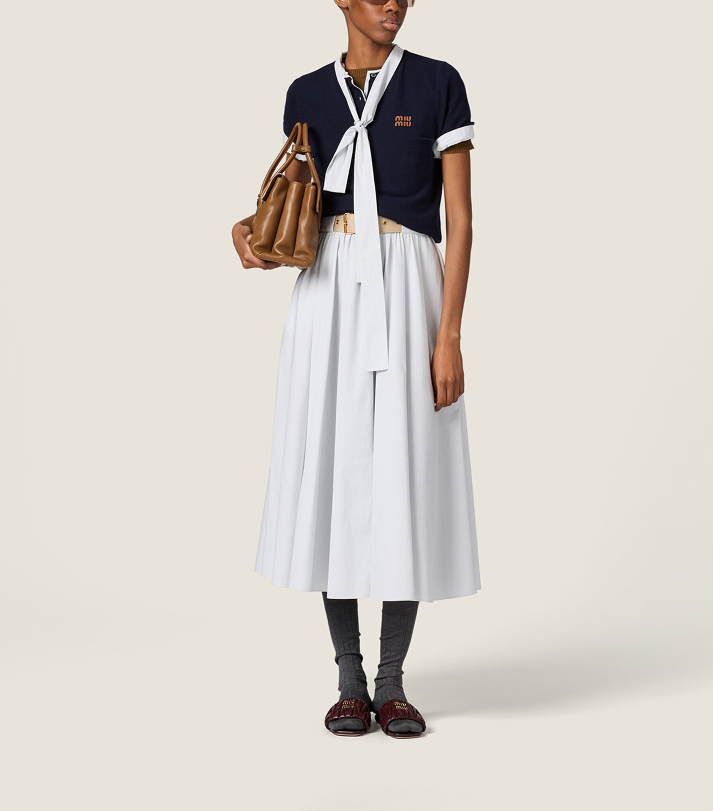 Miu Miu Womens Cotton Pinstripe Belted Midi Dress Image 5