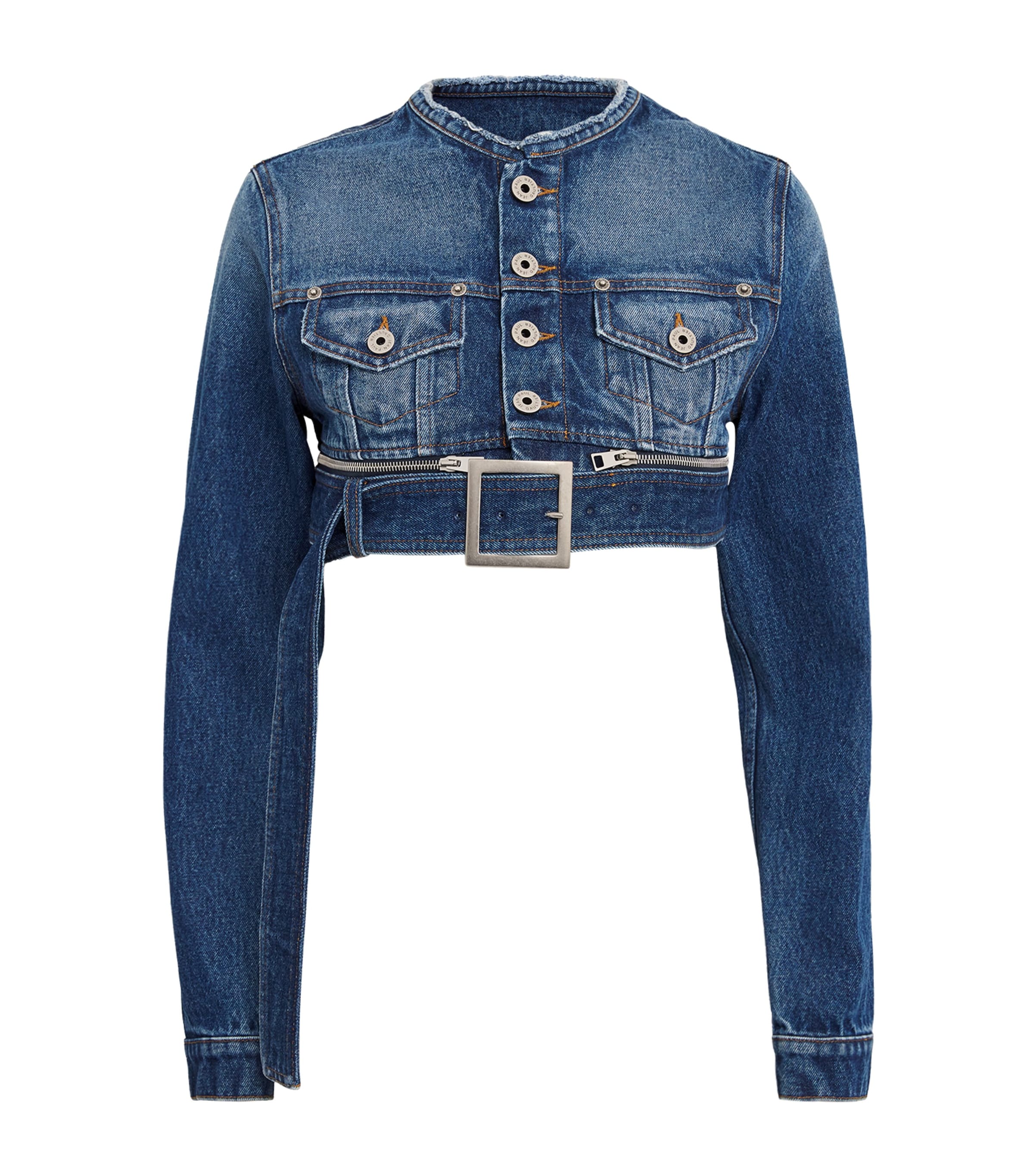 Jean Paul Gaultier Belted Cropped Denim Jacket In Blue