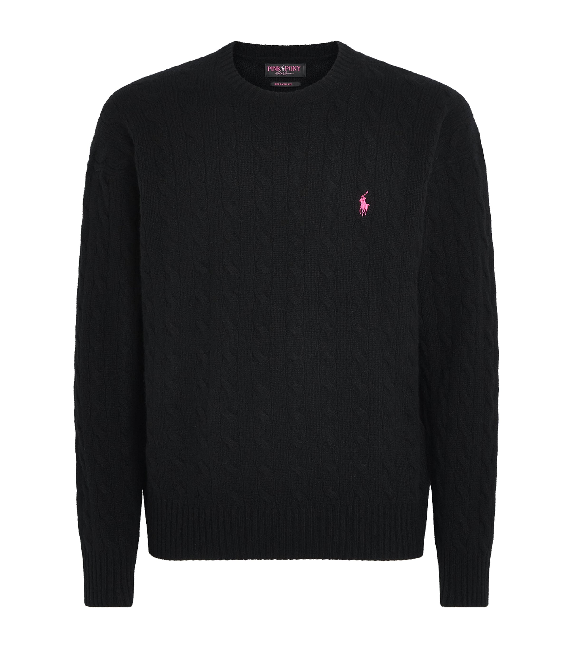 Polo Ralph Lauren Mens Wool-Cashmere Pink Pony Cable-Knit Sweater Polo Black Image 1