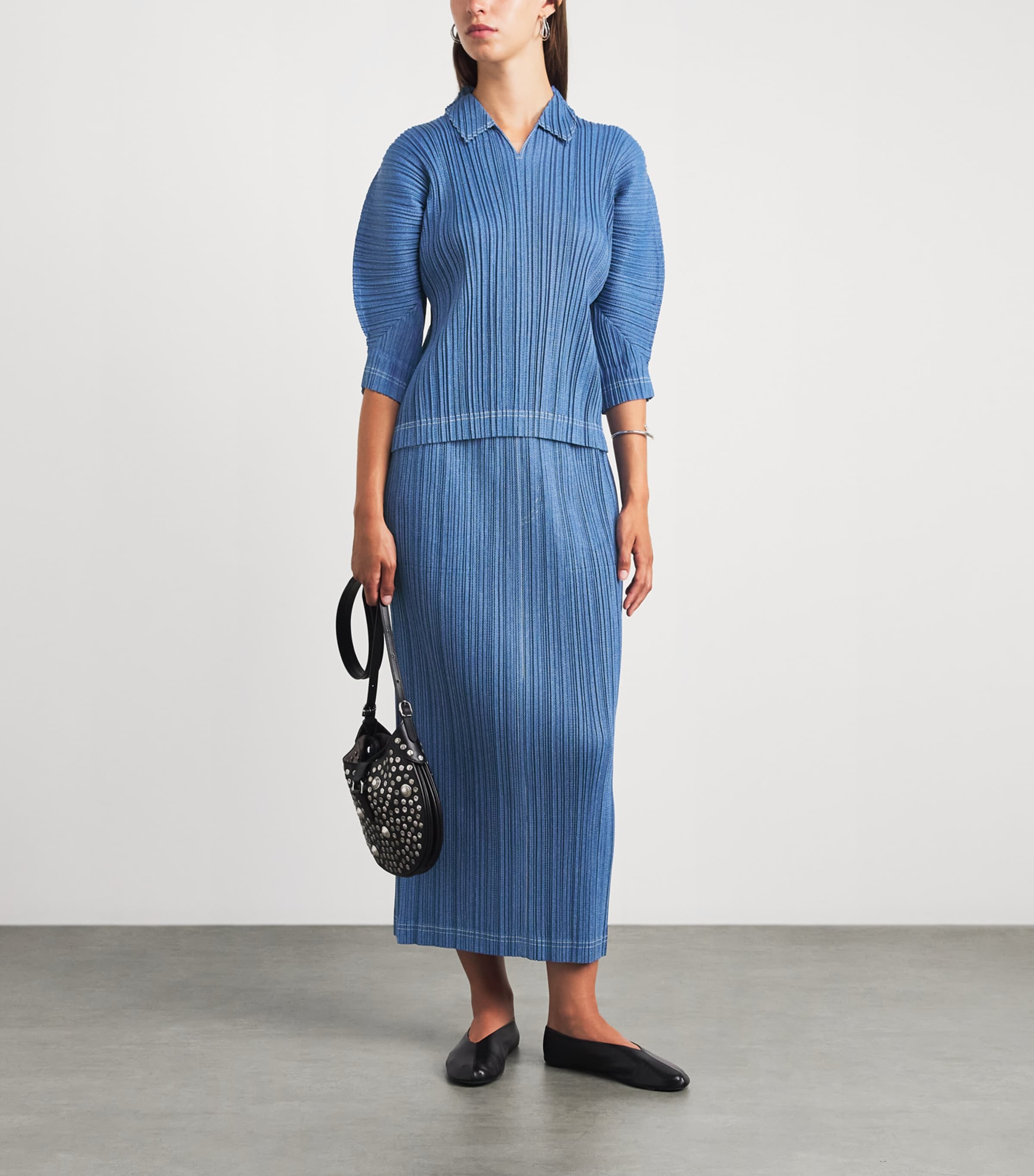 Pleats Please Issey Miyake Blue Cotton Denim Collared Top | Harrods US